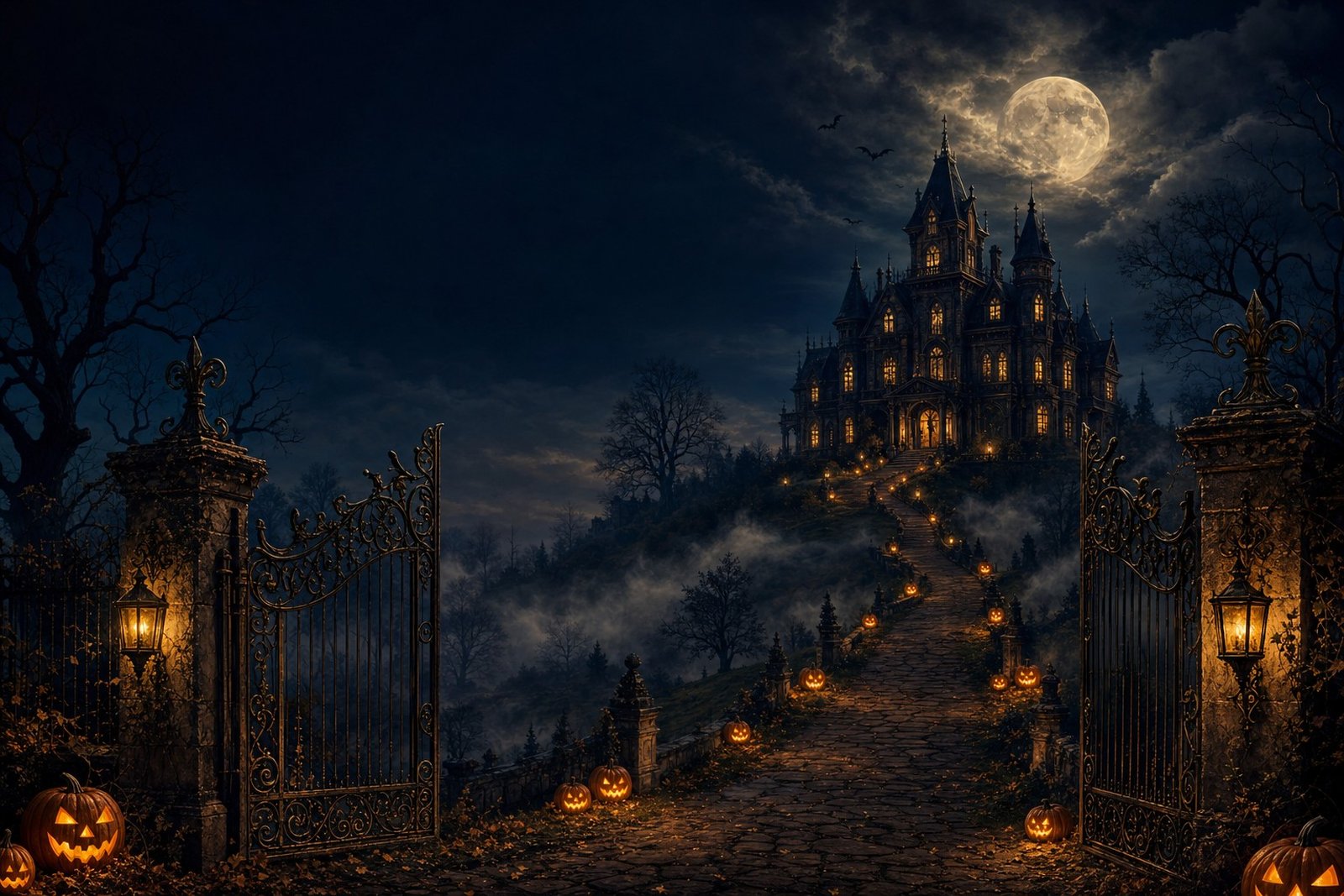 Animated Halloween invitation website — haunted manor with glowing pumpkins