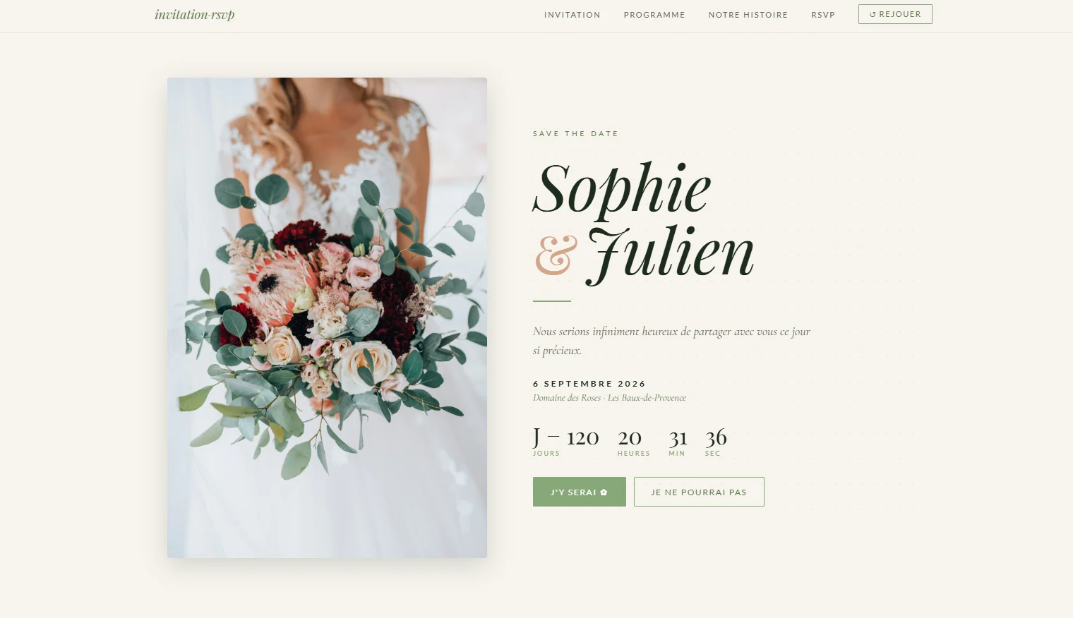 Animated digital wedding invitation with RSVP — Sage Green template preview on desktop