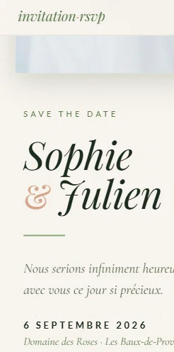 Digital wedding invitation with RSVP — mobile view of Sage Green template