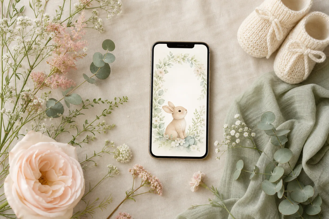 Digital baby shower invitation on a smartphone with wildflowers, eucalyptus and a knitted baby bootie