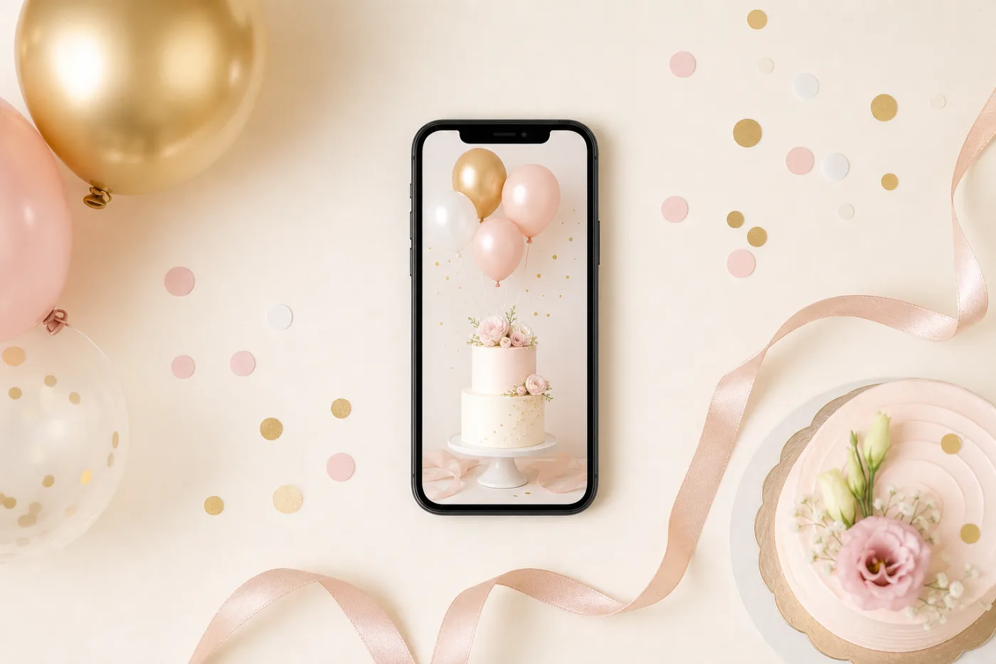Digital birthday invitation on a smartphone surrounded by balloons, confetti and a small cake