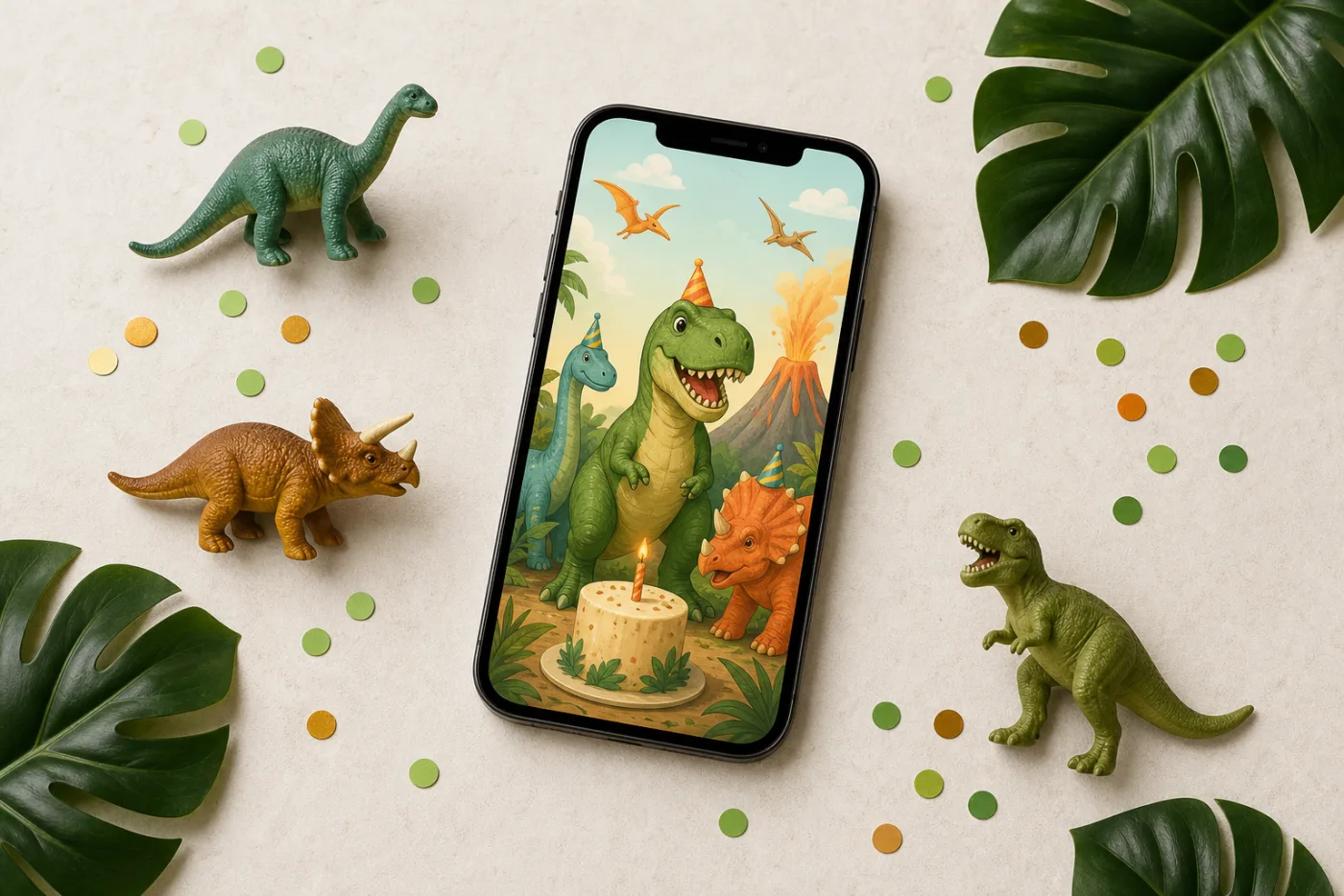 Digital dinosaur birthday invitation on a smartphone with small toy dinosaurs and tropical leaves
