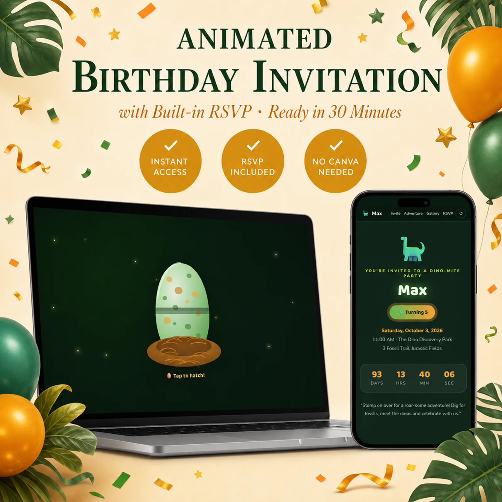 Jungle Green and Amber birthday invitation shown on a laptop and phone with the animated envelope reveal and built-in RSVP — birthday rsvp card, online invitation, ready in minutes with no Canva