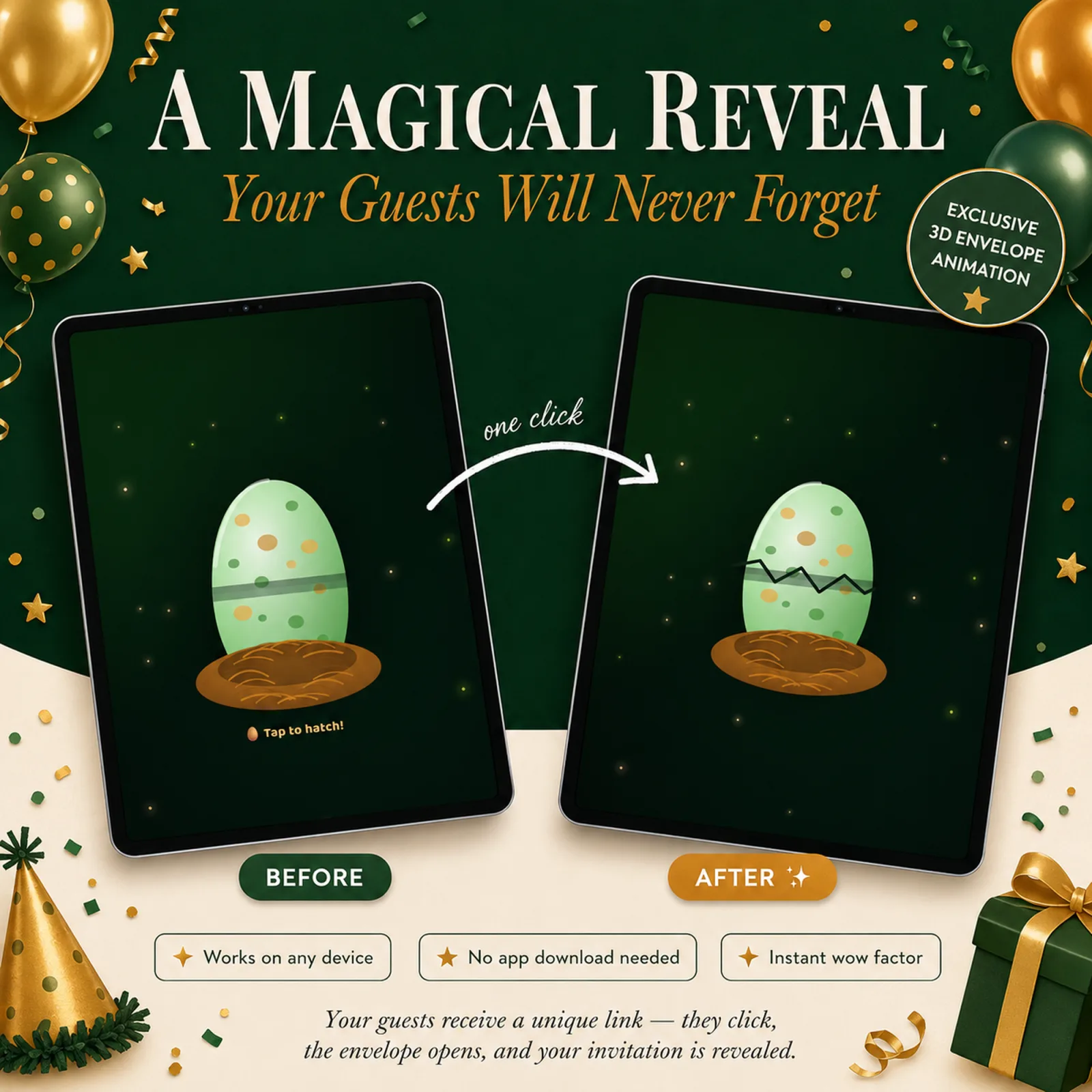Two tablets showing the magical before-and-after animated envelope reveal of a Jungle Green and Amber birthday evite — qr code rsvp
