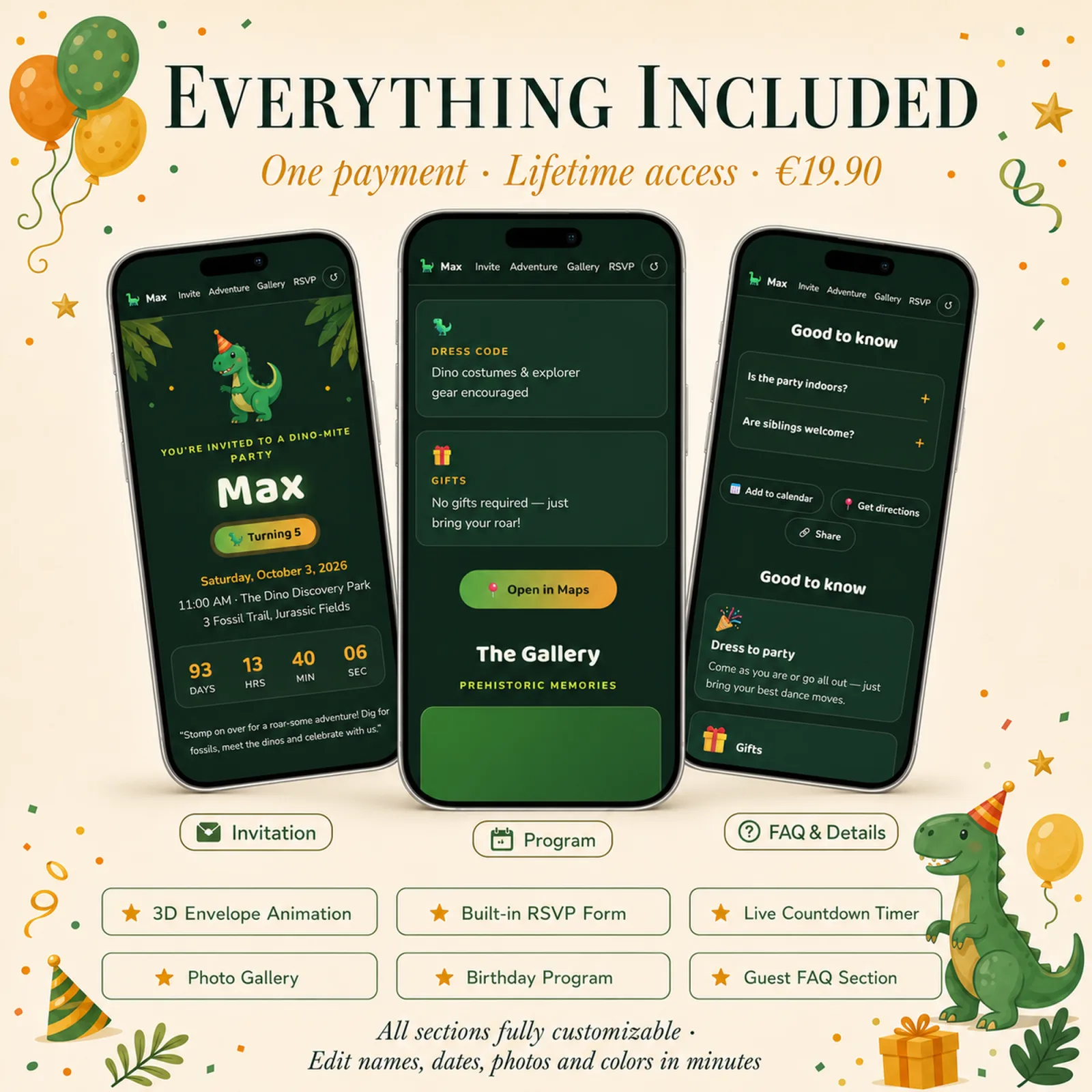 Three phones showing the invitation, program and FAQ pages of a Jungle Green and Amber birthday website — qr code invite, with live countdown, photo gallery and RSVP