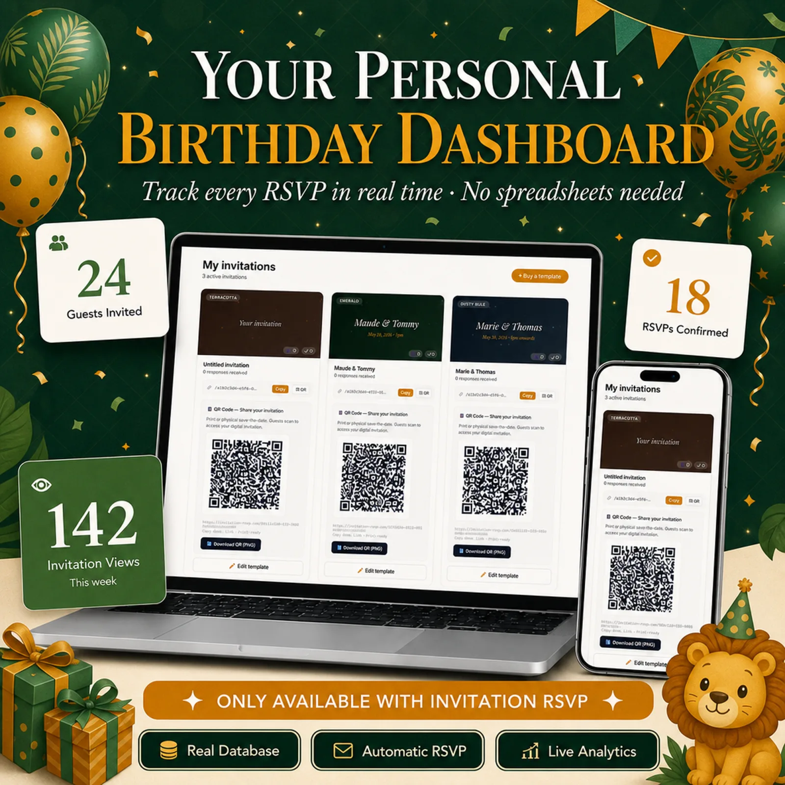 Real-time birthday guest dashboard on laptop and phone tracking every RSVP — birthday evite, with live counts, full guest list and CSV export