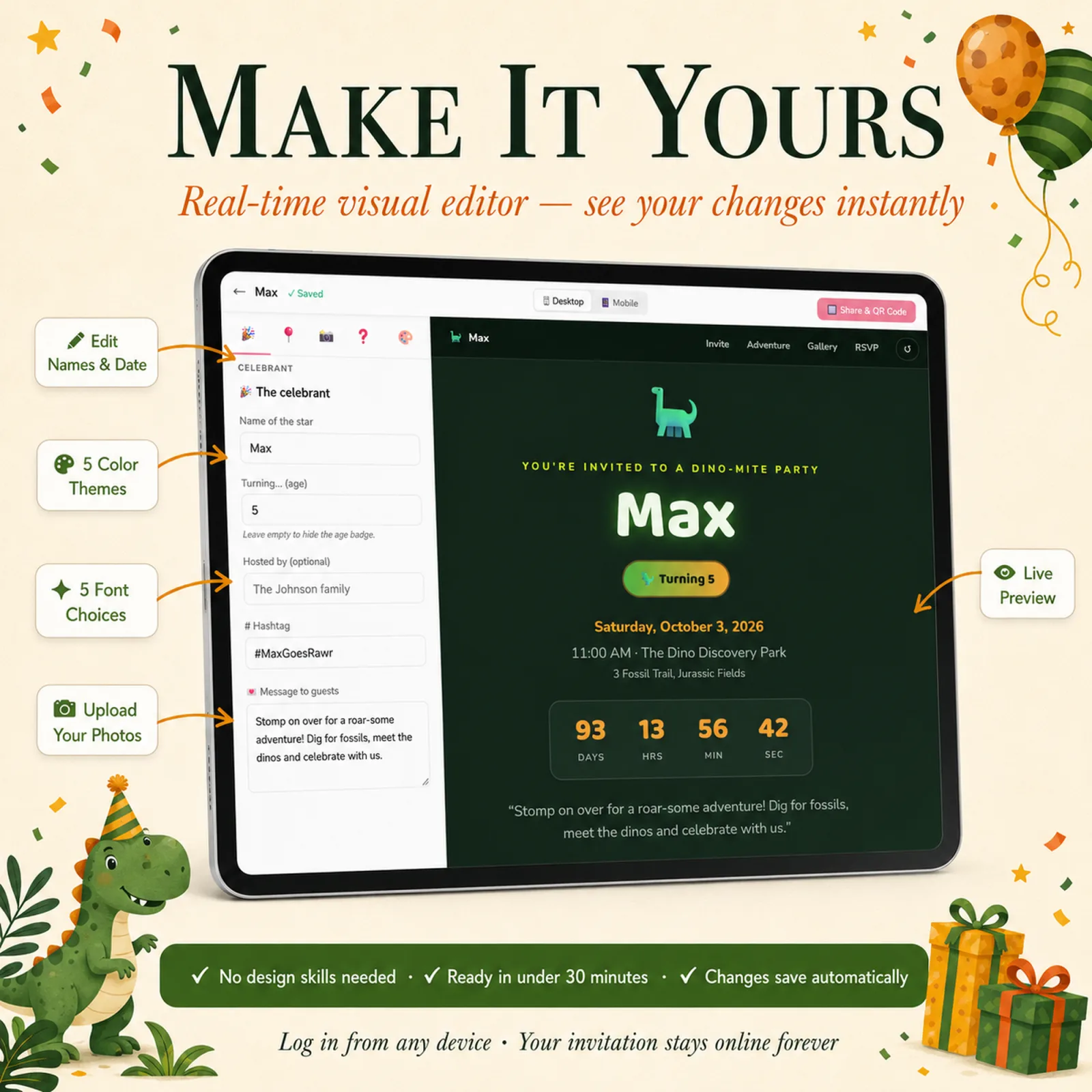 Visual editor on a tablet customizing a Jungle Green and Amber birthday invitation — dinosaur theme, edit names, date, colors, fonts and photos with no design skills