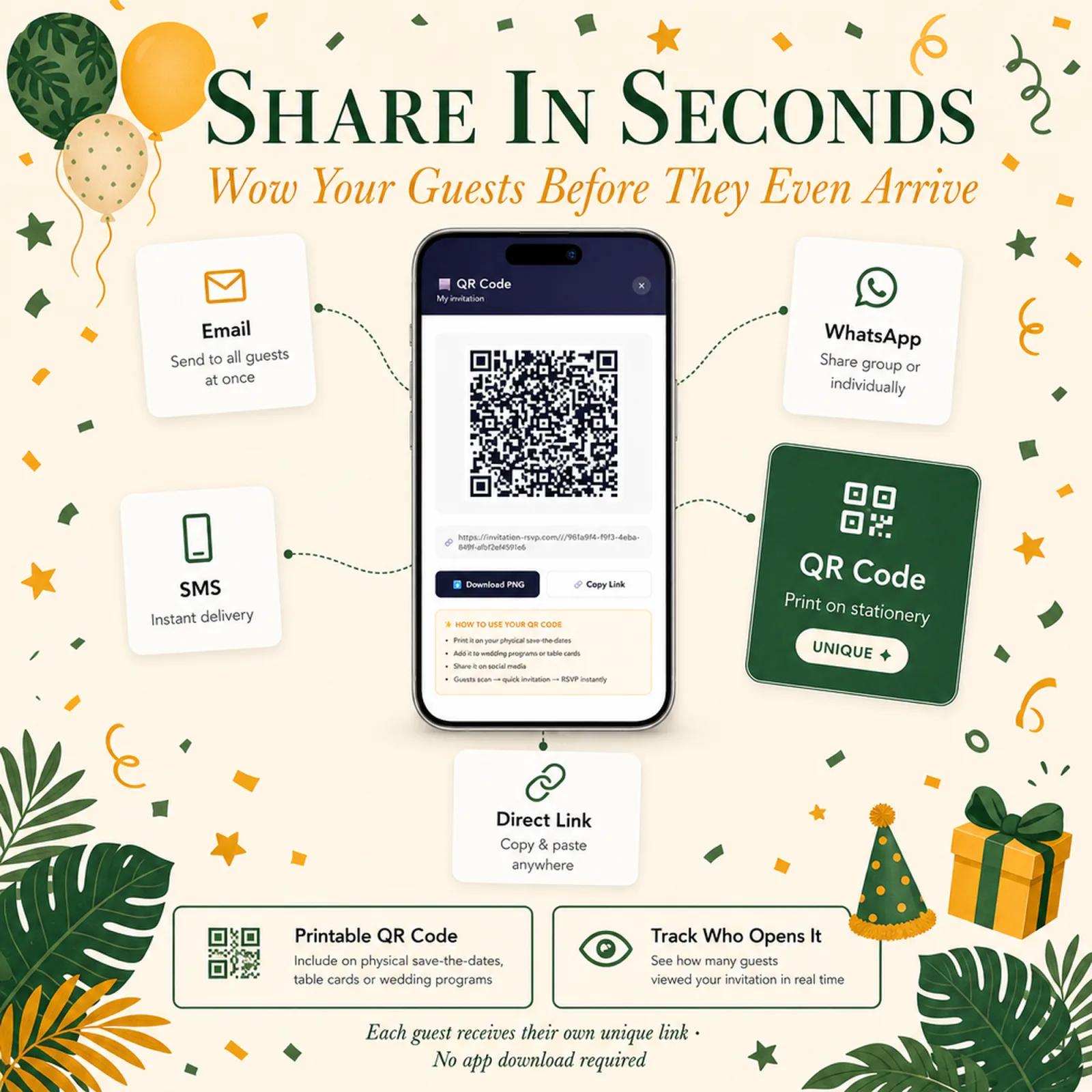 Jungle Green and Amber birthday invitation QR code on a phone with email, SMS and WhatsApp sharing — dinosaur invite, plus a printable unique guest link