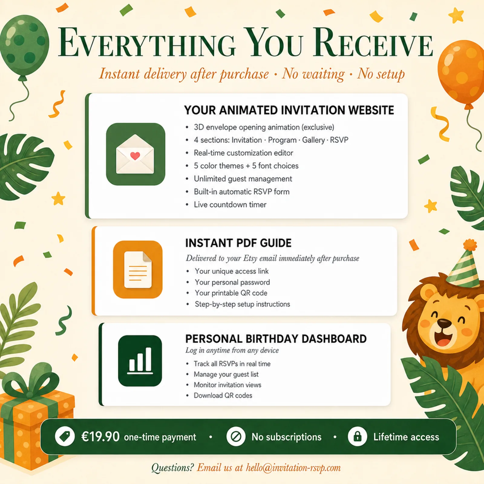 Everything you receive with a Jungle Green and Amber birthday evite — animated website, instant PDF guide and personal dashboard — dinosaur birthday