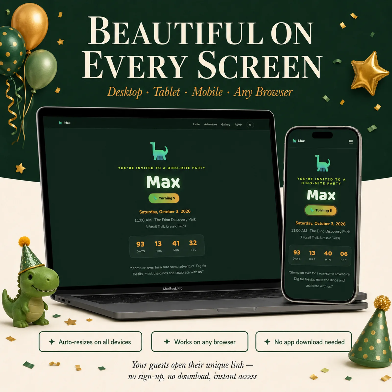 Jungle Green and Amber birthday invitation website shown on laptop and phone — dinosaur invitation, responsive and beautiful on desktop, tablet and mobile
