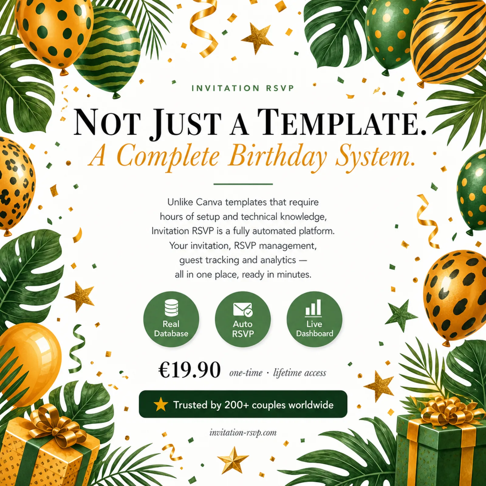 Jungle Green and Amber birthday invitation — not just a template but a complete birthday system with real database, auto RSVP and live dashboard — dinosaur party