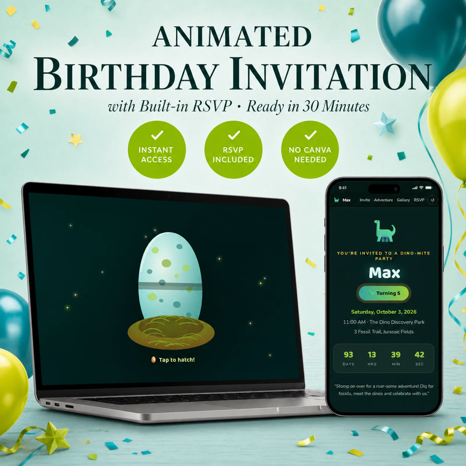 Swamp Teal and Lime birthday invitation shown on a laptop and phone with the animated envelope reveal and built-in RSVP — birthday rsvp card, dinosaur party, ready in minutes with no Canva