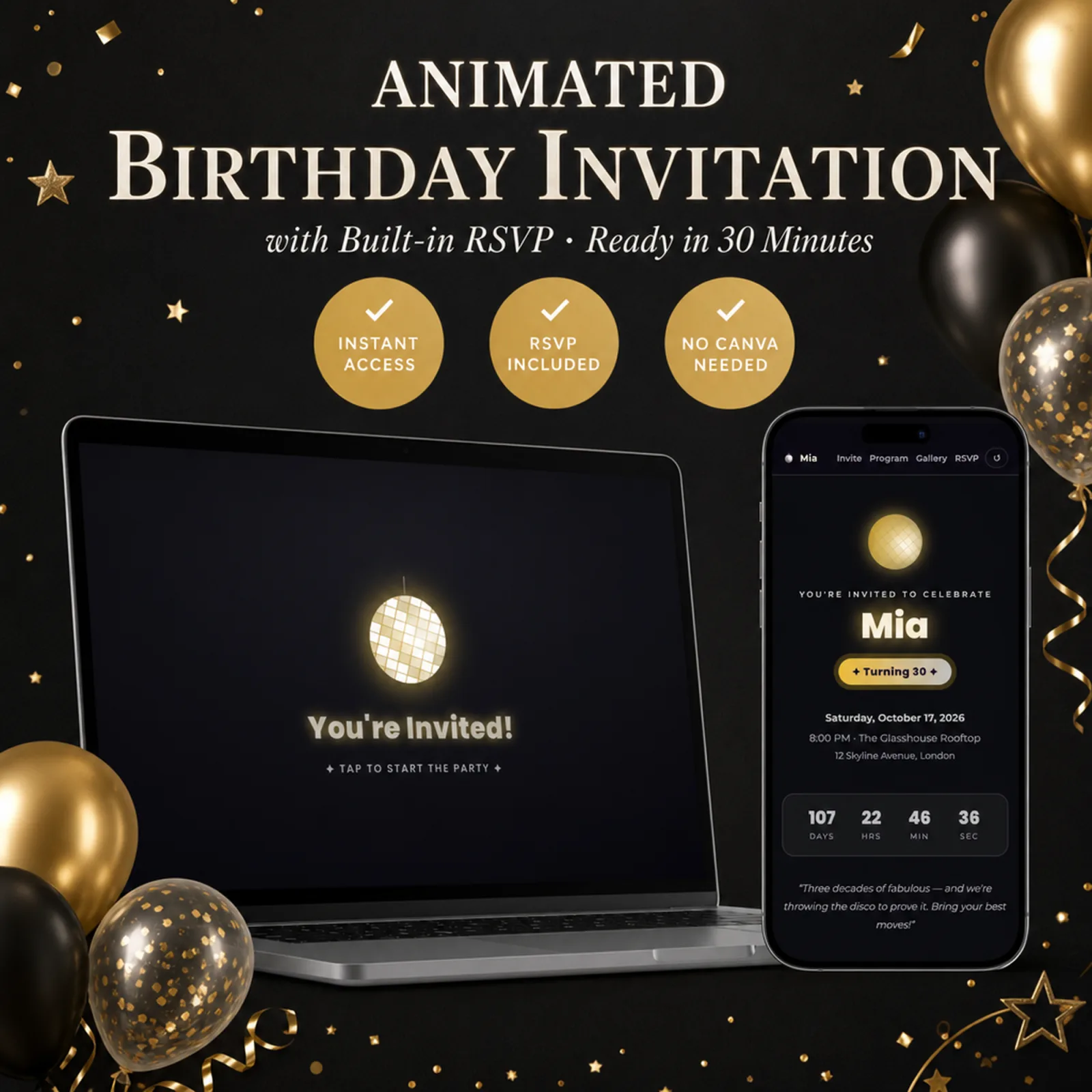 Gold and Noir birthday invitation shown on a laptop and phone with the animated envelope reveal and built-in RSVP — birthday rsvp card, disco birthday party, ready in minutes with no Canva