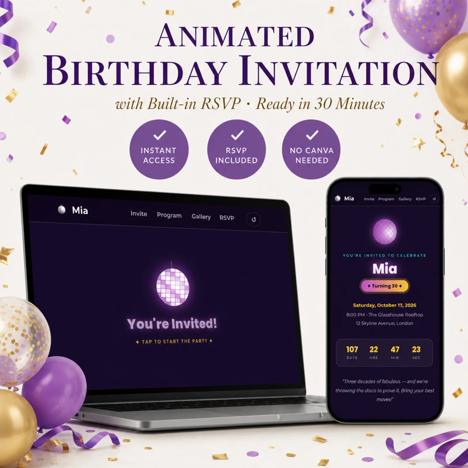 Violet and Gold birthday invitation shown on a laptop and phone with the animated envelope reveal and built-in RSVP — birthday rsvp card, birthday disco, ready in minutes with no Canva