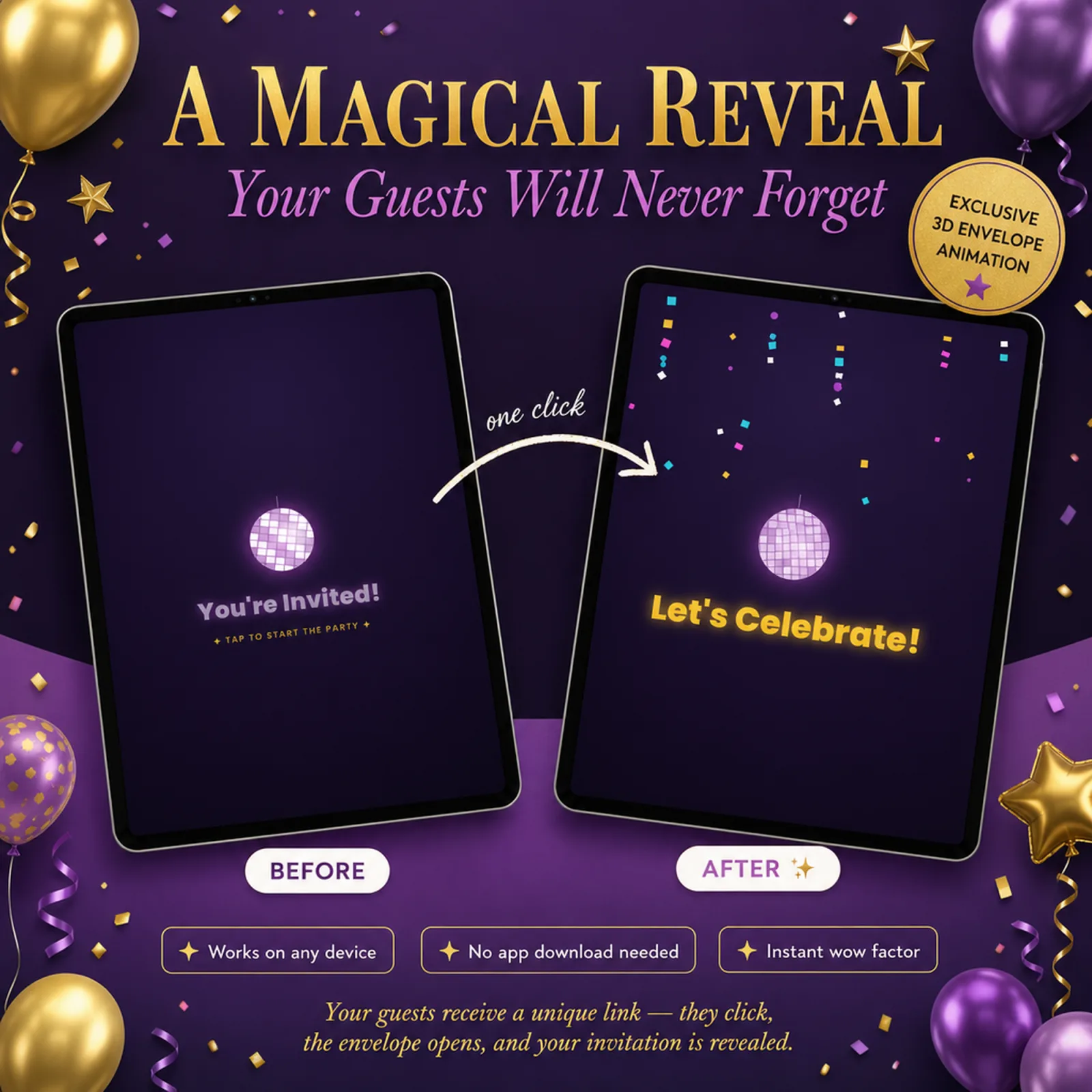 Two tablets showing the magical before-and-after animated envelope reveal of a Violet and Gold birthday evite — qr code rsvp