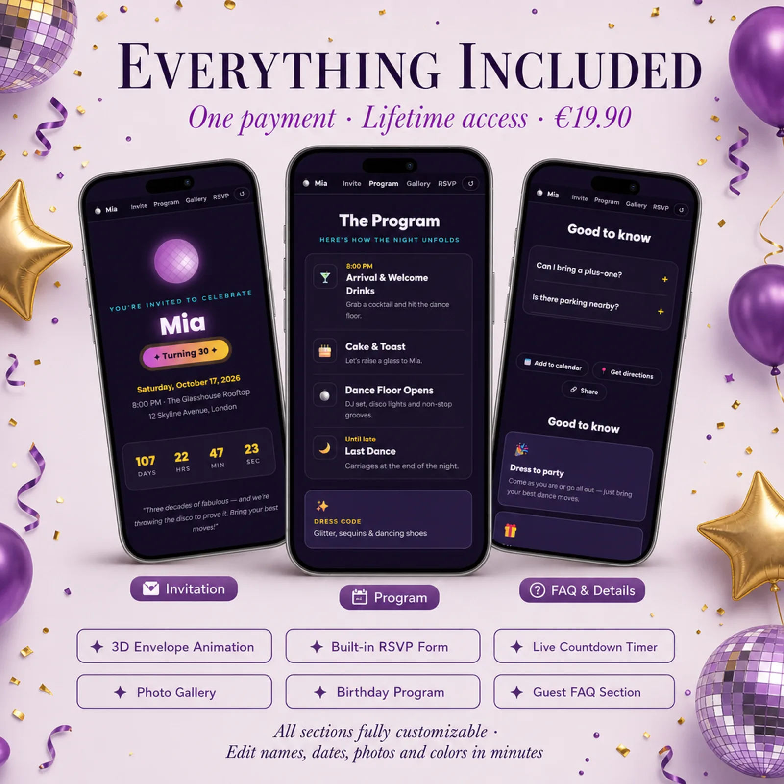 Three phones showing the invitation, program and FAQ pages of a Violet and Gold birthday website — qr code invite, with live countdown, photo gallery and RSVP