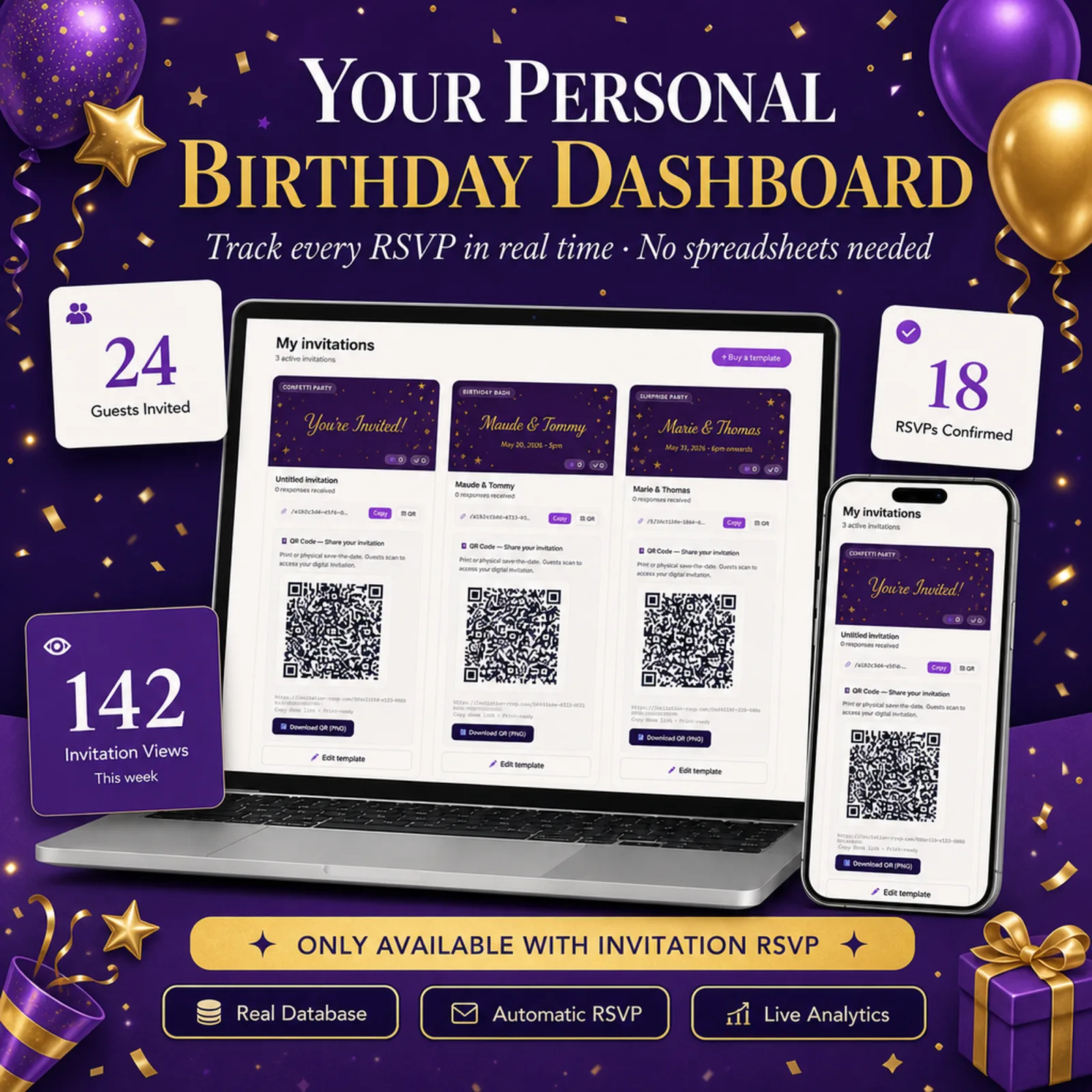 Real-time birthday guest dashboard on laptop and phone tracking every RSVP — birthday evite, with live counts, full guest list and CSV export