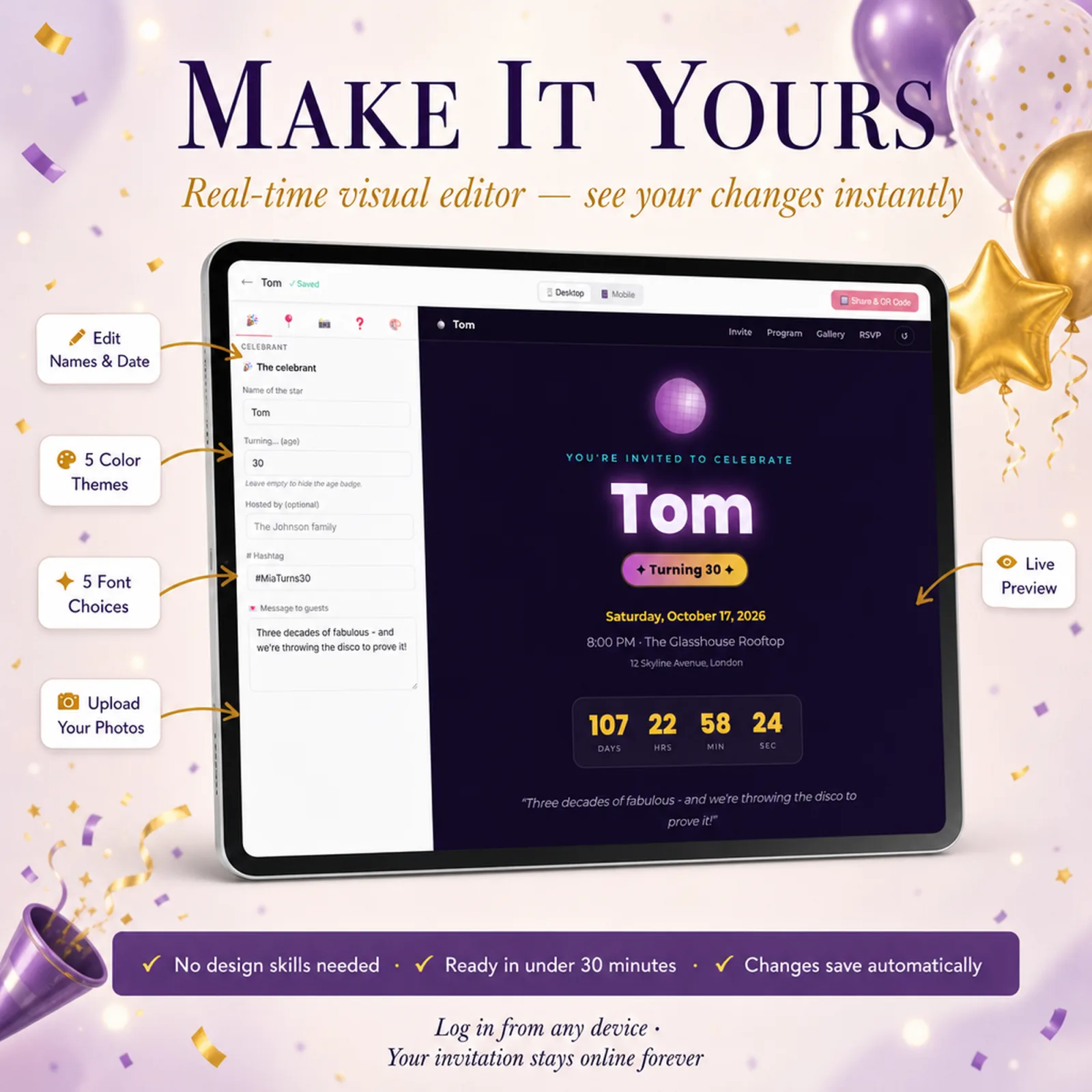 Visual editor on a tablet customizing a Violet and Gold birthday invitation — retro disco, edit names, date, colors, fonts and photos with no design skills