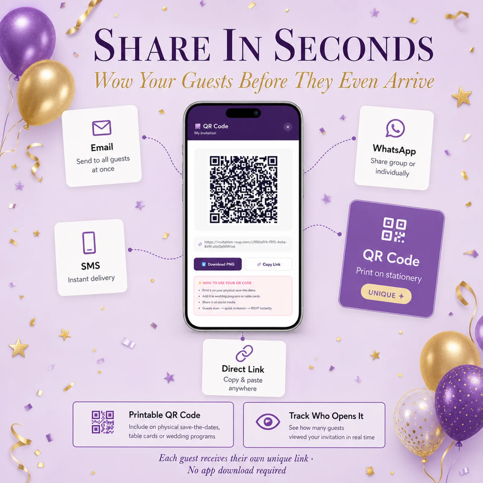 Violet and Gold birthday invitation QR code on a phone with email, SMS and WhatsApp sharing — disco theme, plus a printable unique guest link