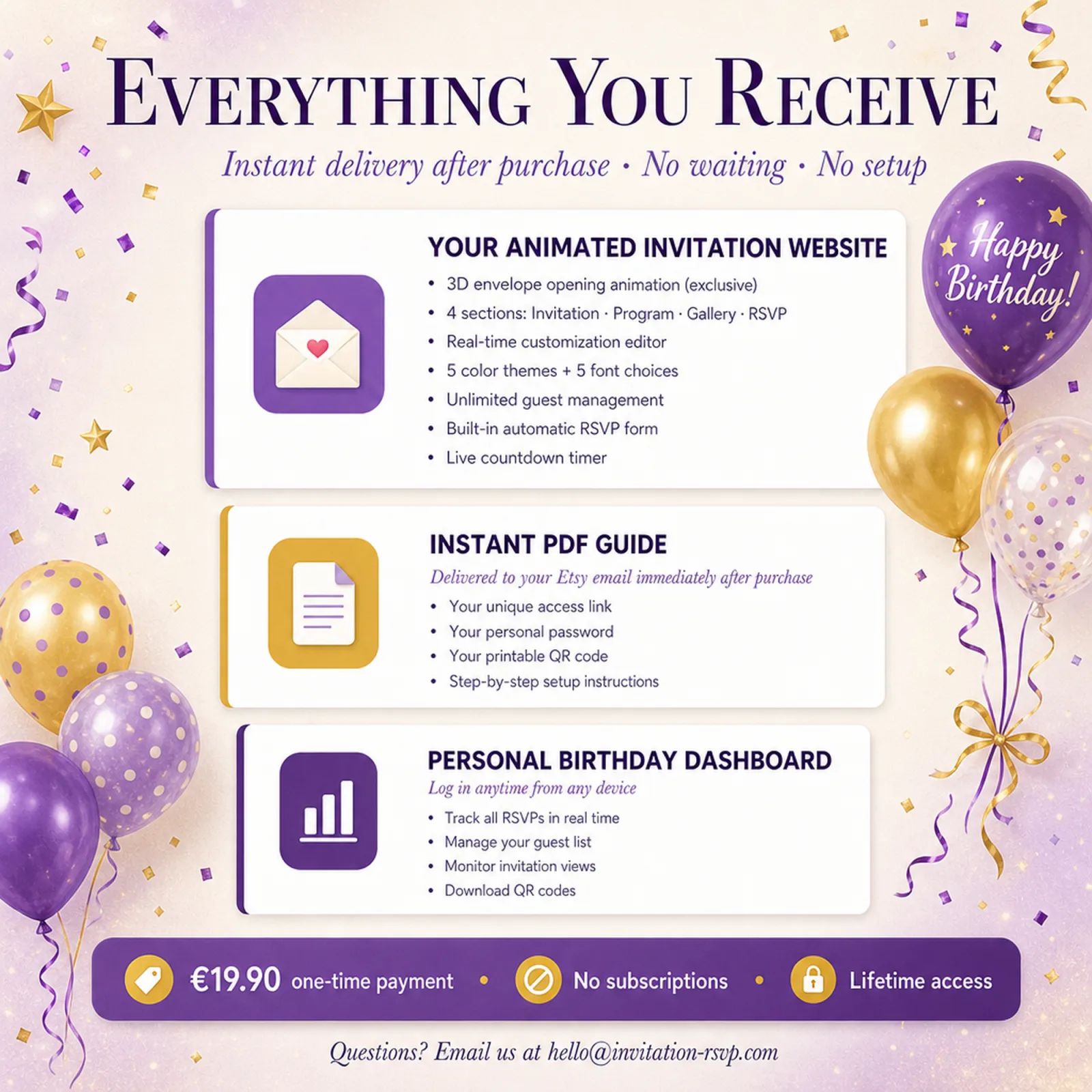 Everything you receive with a Violet and Gold birthday evite — animated website, instant PDF guide and personal dashboard — disco theme party