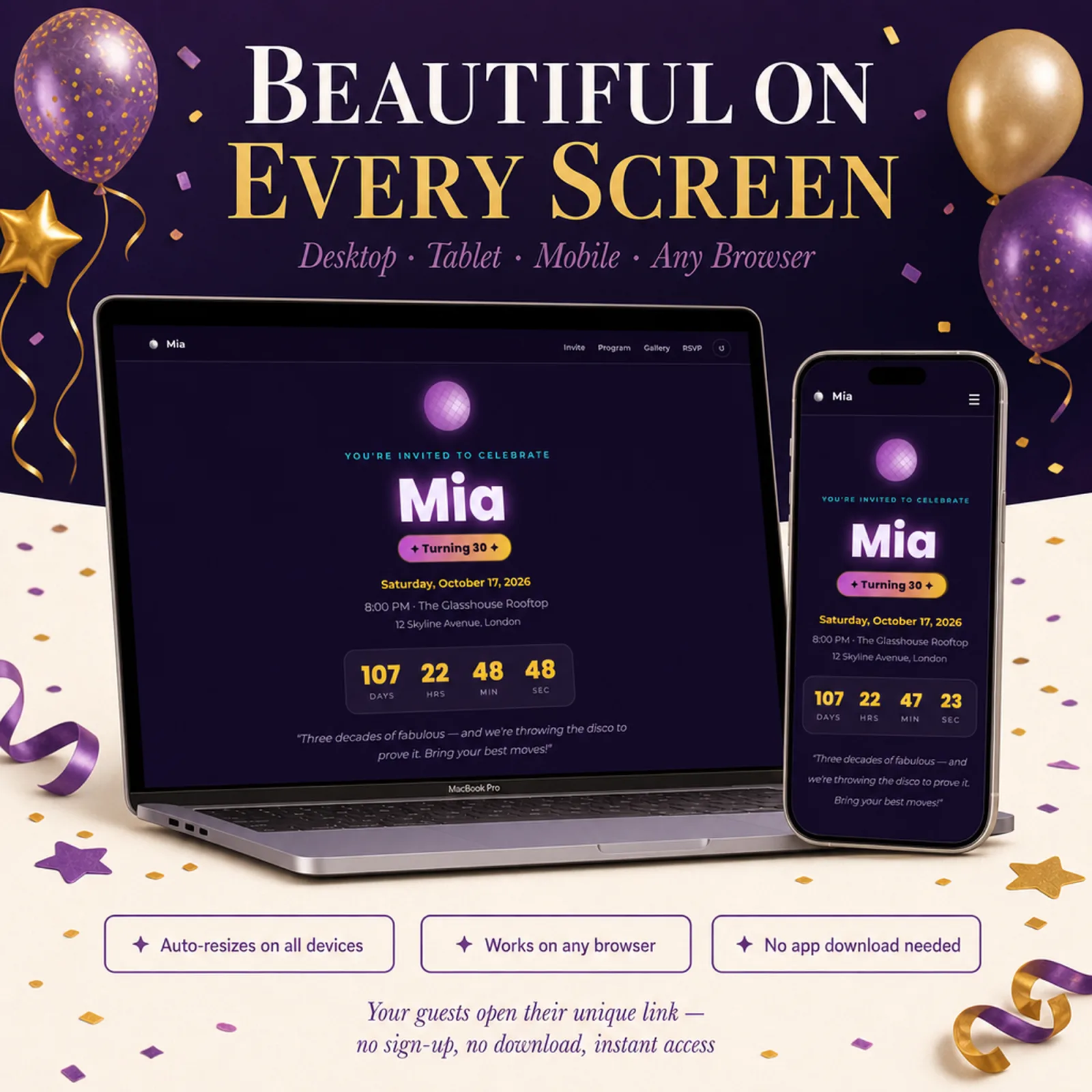 Violet and Gold birthday invitation website shown on laptop and phone — disco party, responsive and beautiful on desktop, tablet and mobile