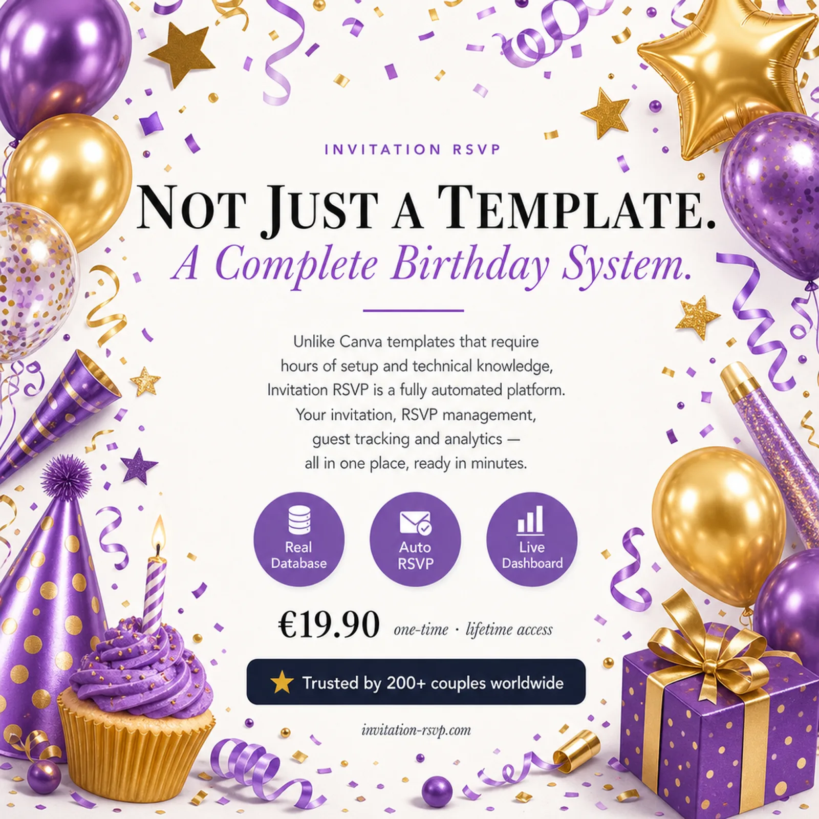 Violet and Gold birthday invitation — not just a template but a complete birthday system with real database, auto RSVP and live dashboard — 30th birthday party