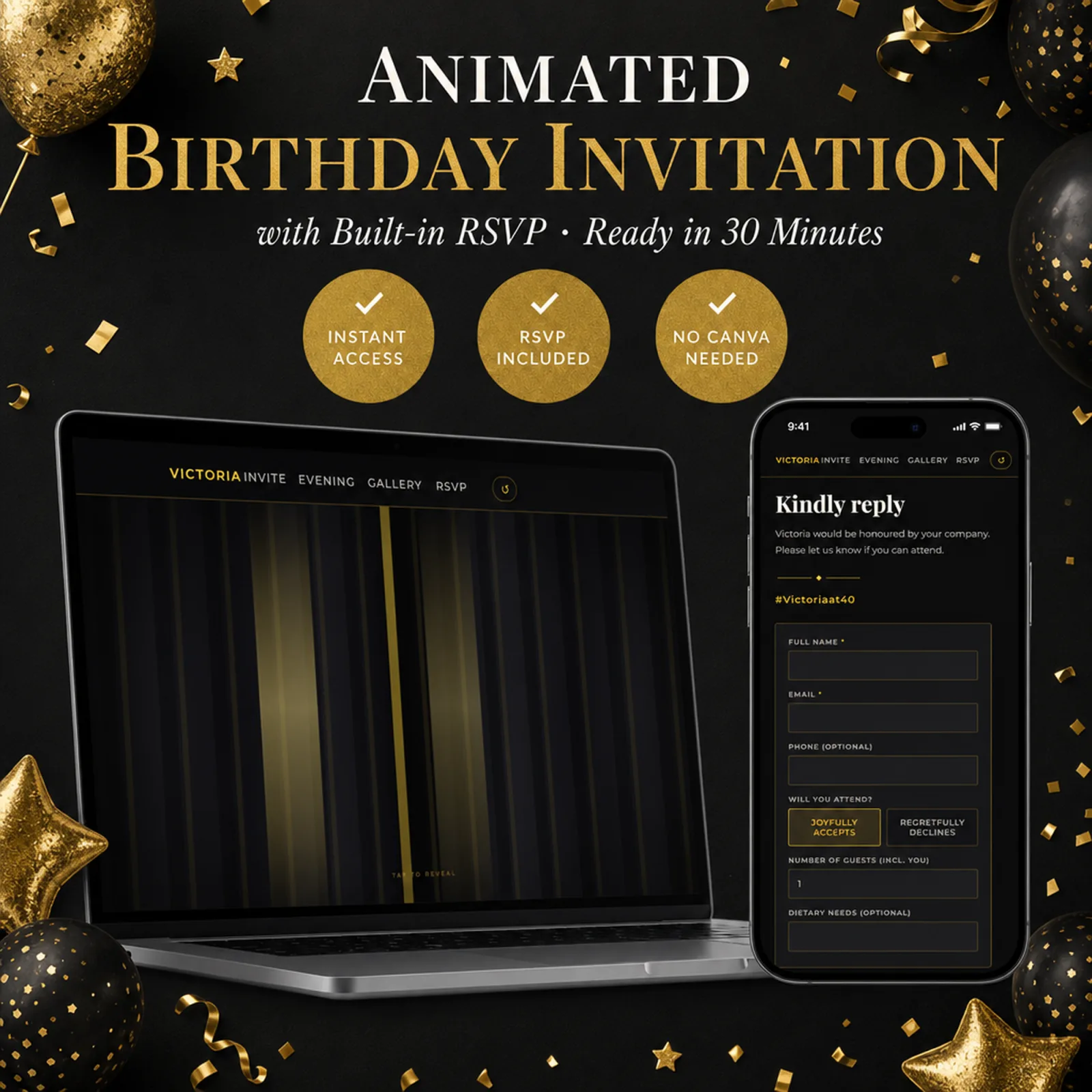 Black and Gold birthday invitation shown on a laptop and phone with the animated envelope reveal and built-in RSVP — birthday rsvp card, glamour party, ready in minutes with no Canva