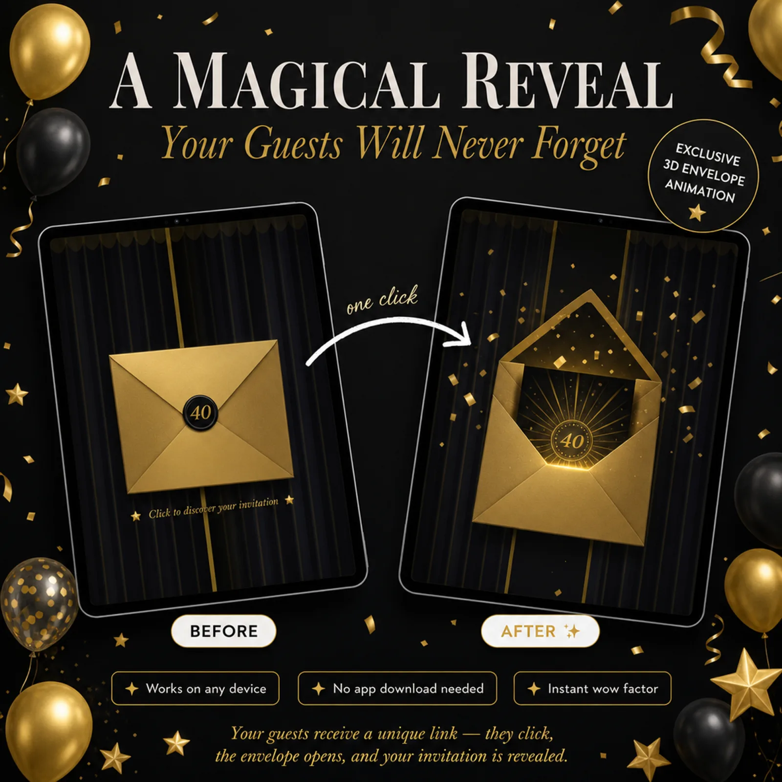 Two tablets showing the magical before-and-after animated envelope reveal of a Black and Gold birthday evite — qr code rsvp