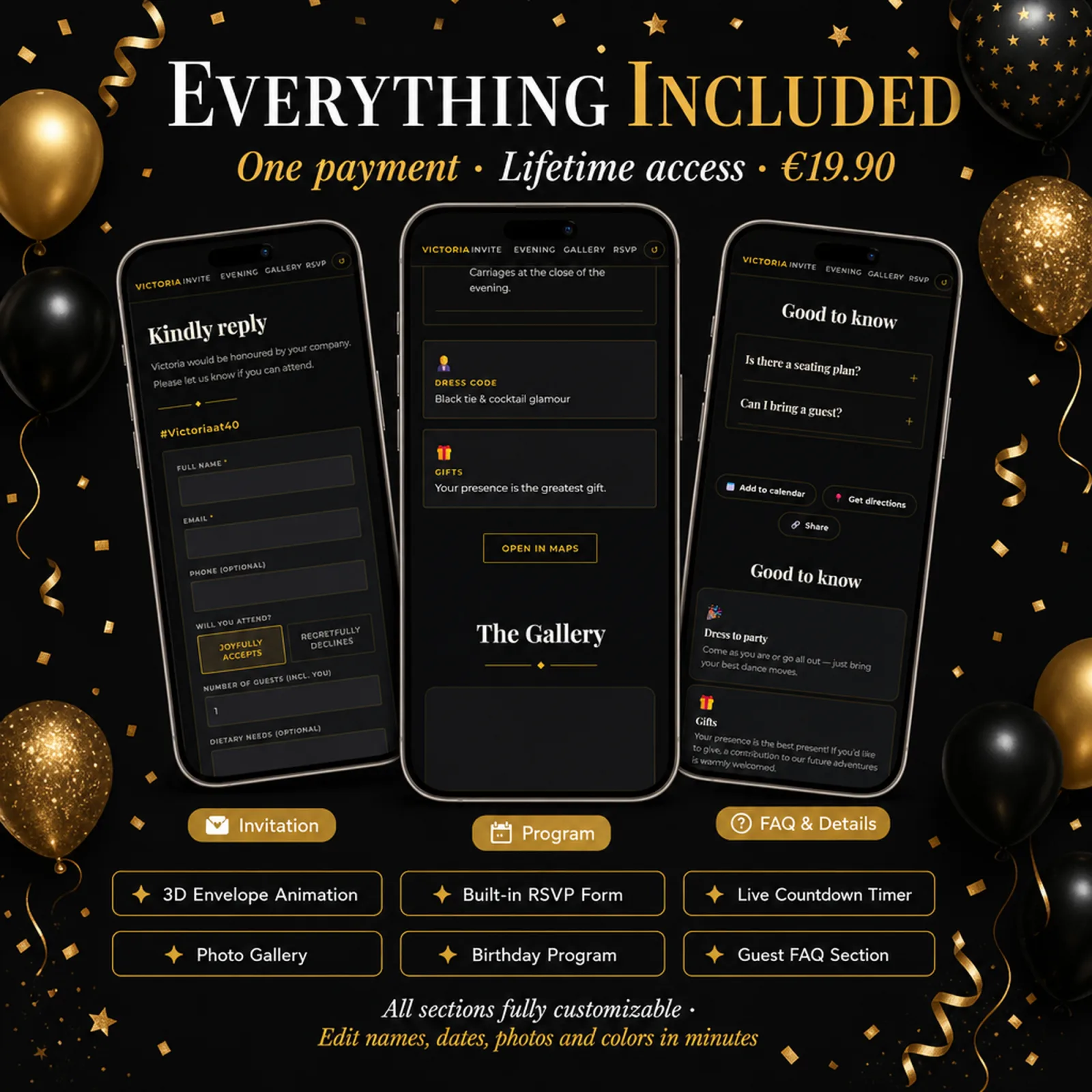 Three phones showing the invitation, program and FAQ pages of a Black and Gold birthday website — qr code invite, with live countdown, photo gallery and RSVP