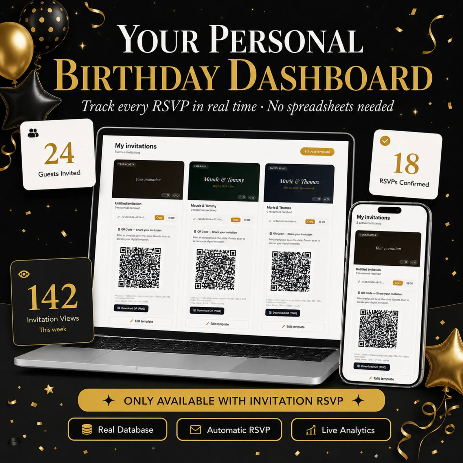 Real-time birthday guest dashboard on laptop and phone tracking every RSVP — birthday evite, with live counts, full guest list and CSV export