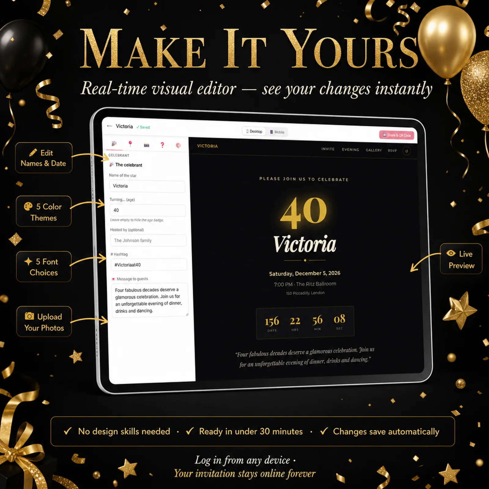 Visual editor on a tablet customizing a Black and Gold birthday invitation — glitter glam, edit names, date, colors, fonts and photos with no design skills