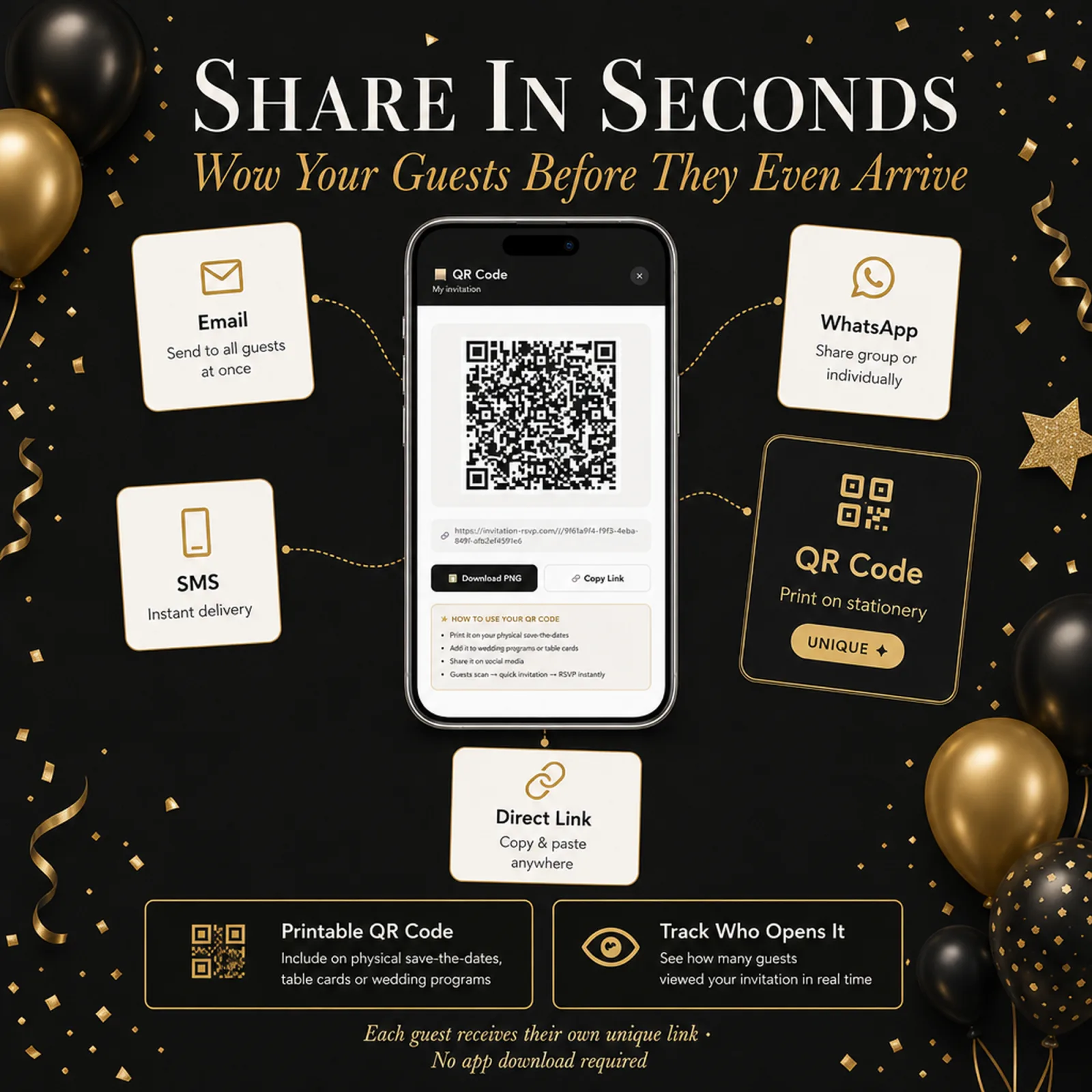Black and Gold birthday invitation QR code on a phone with email, SMS and WhatsApp sharing — glam party, plus a printable unique guest link