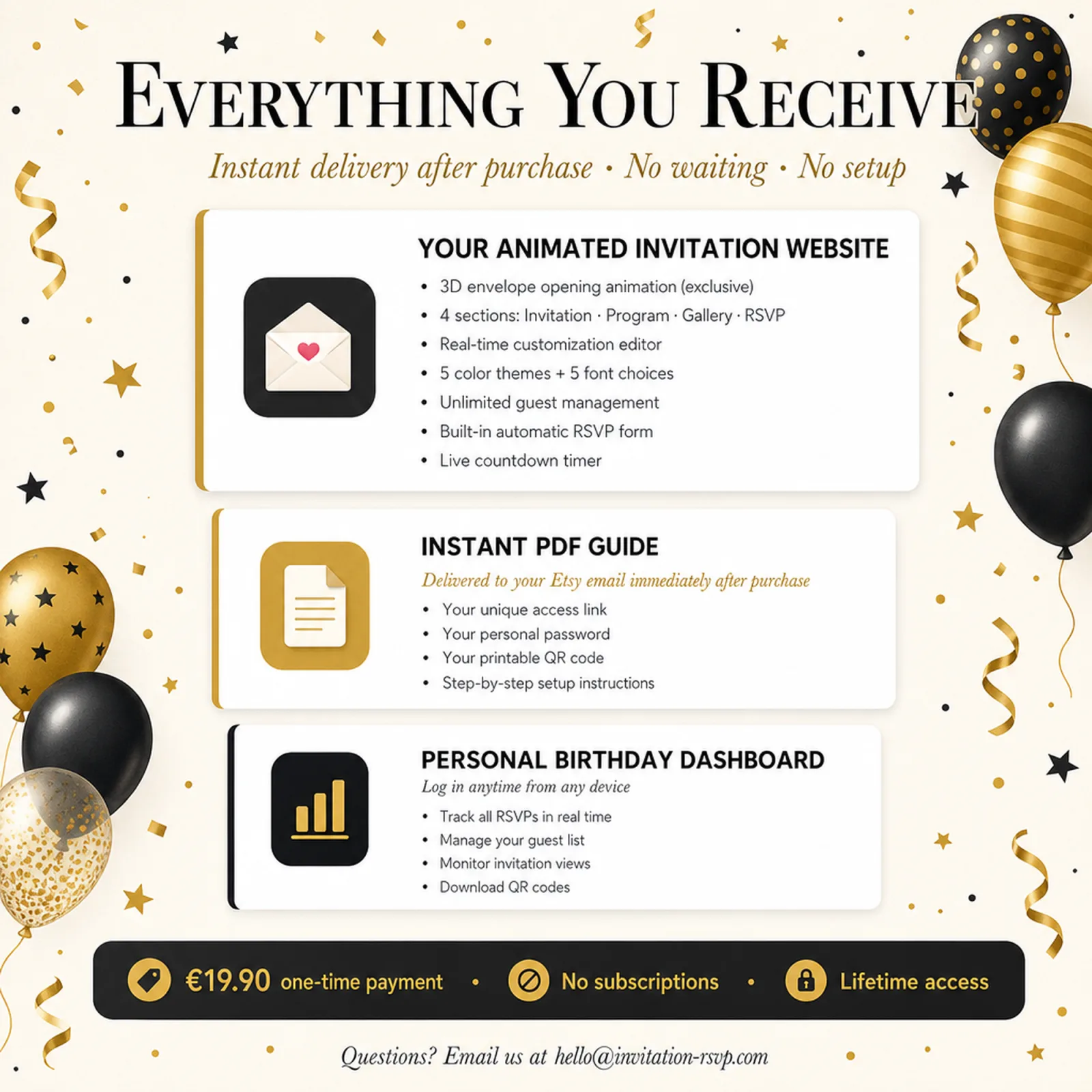 Everything you receive with a Black and Gold birthday evite — animated website, instant PDF guide and personal dashboard — glam invite