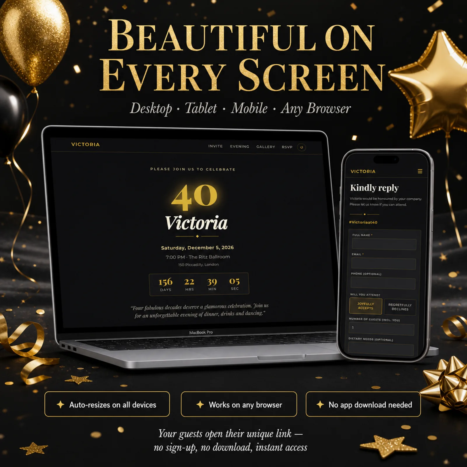 Black and Gold birthday invitation website shown on laptop and phone — glam invitation, responsive and beautiful on desktop, tablet and mobile