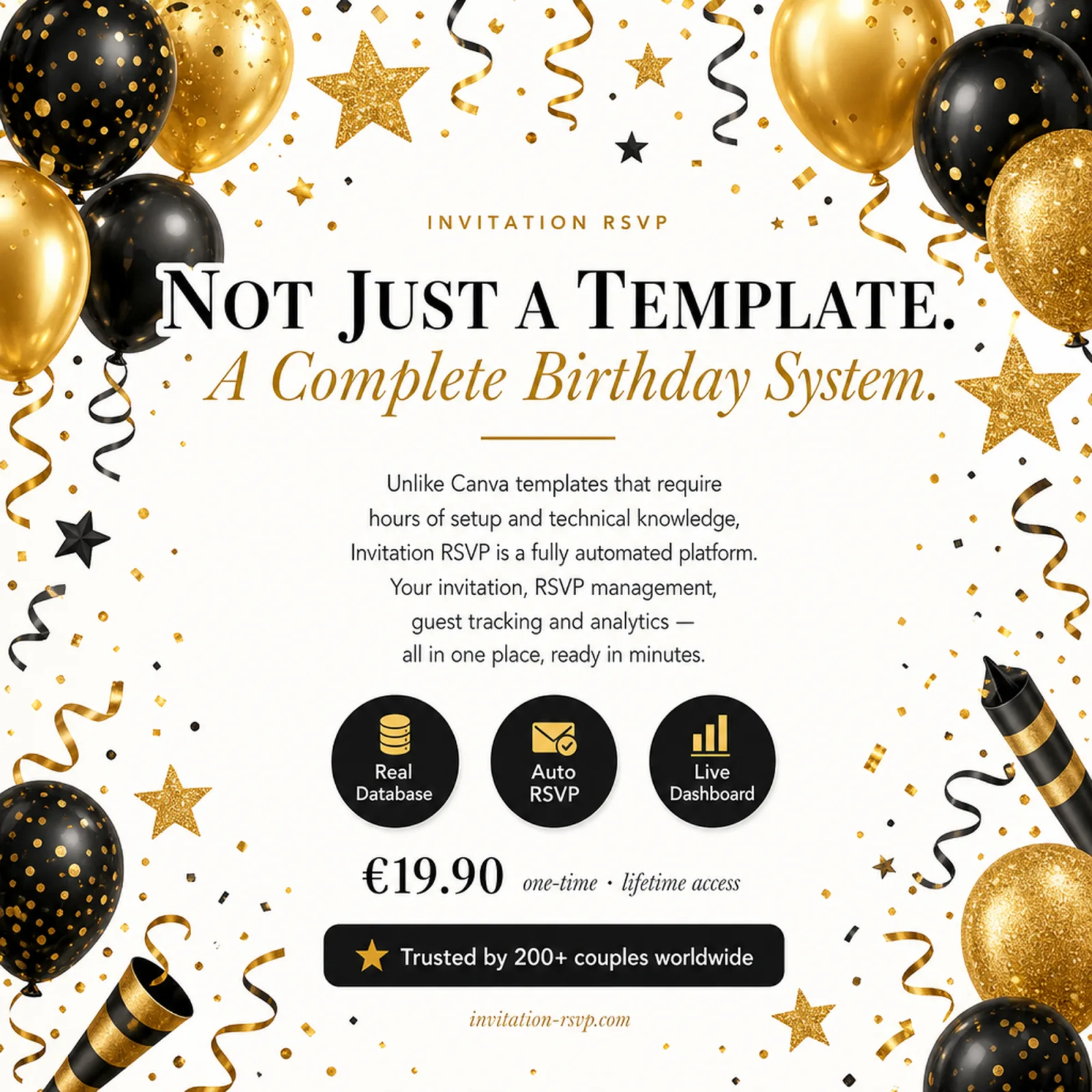 Black and Gold birthday invitation — not just a template but a complete birthday system with real database, auto RSVP and live dashboard — glam birthday