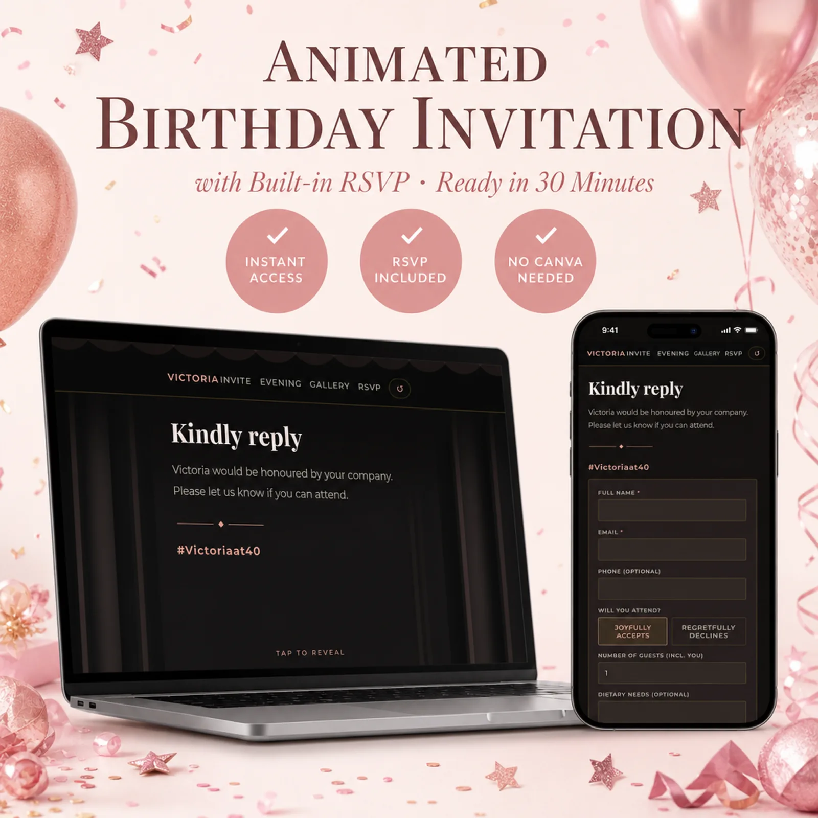 Rose Gold and Blush birthday invitation shown on a laptop and phone with the animated envelope reveal and built-in RSVP — birthday rsvp card, glamour party, ready in minutes with no Canva