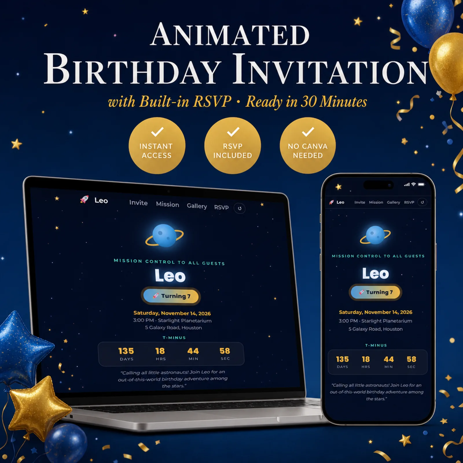 Cosmic Blue and Gold birthday invitation shown on a laptop and phone with the animated envelope reveal and built-in RSVP — birthday rsvp card, space birthday party, ready in minutes with no Canva