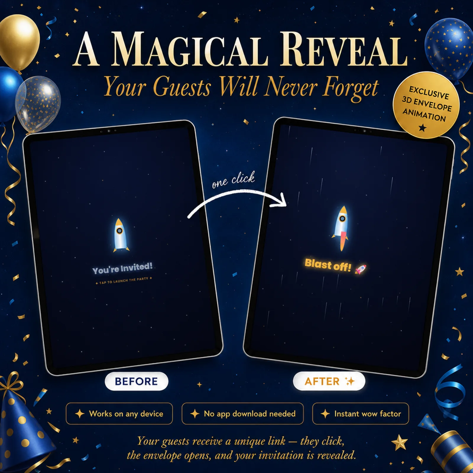 Two tablets showing the magical before-and-after animated envelope reveal of a Cosmic Blue and Gold birthday evite — qr code rsvp