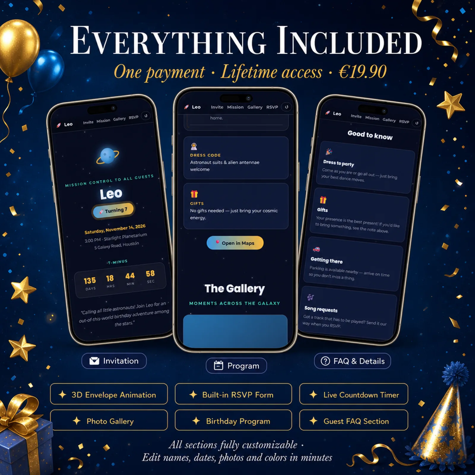 Three phones showing the invitation, program and FAQ pages of a Cosmic Blue and Gold birthday website — qr code invite, with live countdown, photo gallery and RSVP