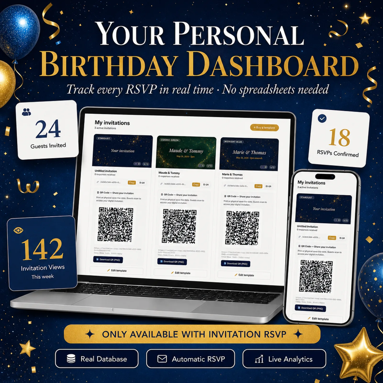Real-time birthday guest dashboard on laptop and phone tracking every RSVP — birthday evite, with live counts, full guest list and CSV export