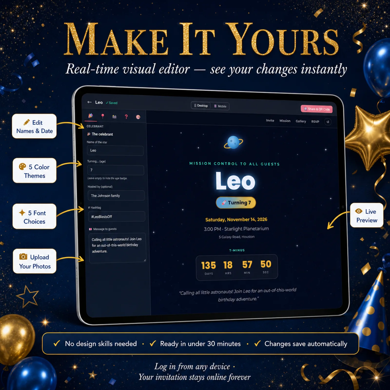 Visual editor on a tablet customizing a Cosmic Blue and Gold birthday invitation — space ranger, edit names, date, colors, fonts and photos with no design skills