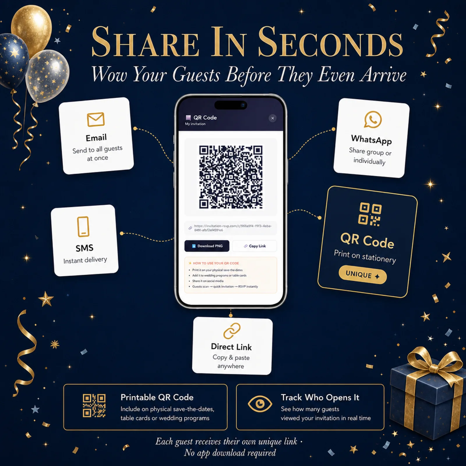 Cosmic Blue and Gold birthday invitation QR code on a phone with email, SMS and WhatsApp sharing — space explorer, plus a printable unique guest link