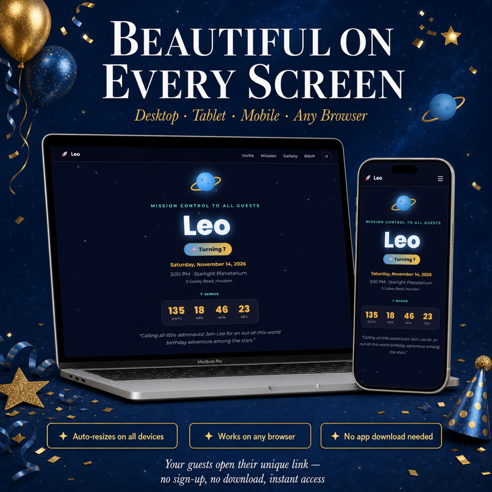 Cosmic Blue and Gold birthday invitation website shown on laptop and phone — space rocket, responsive and beautiful on desktop, tablet and mobile