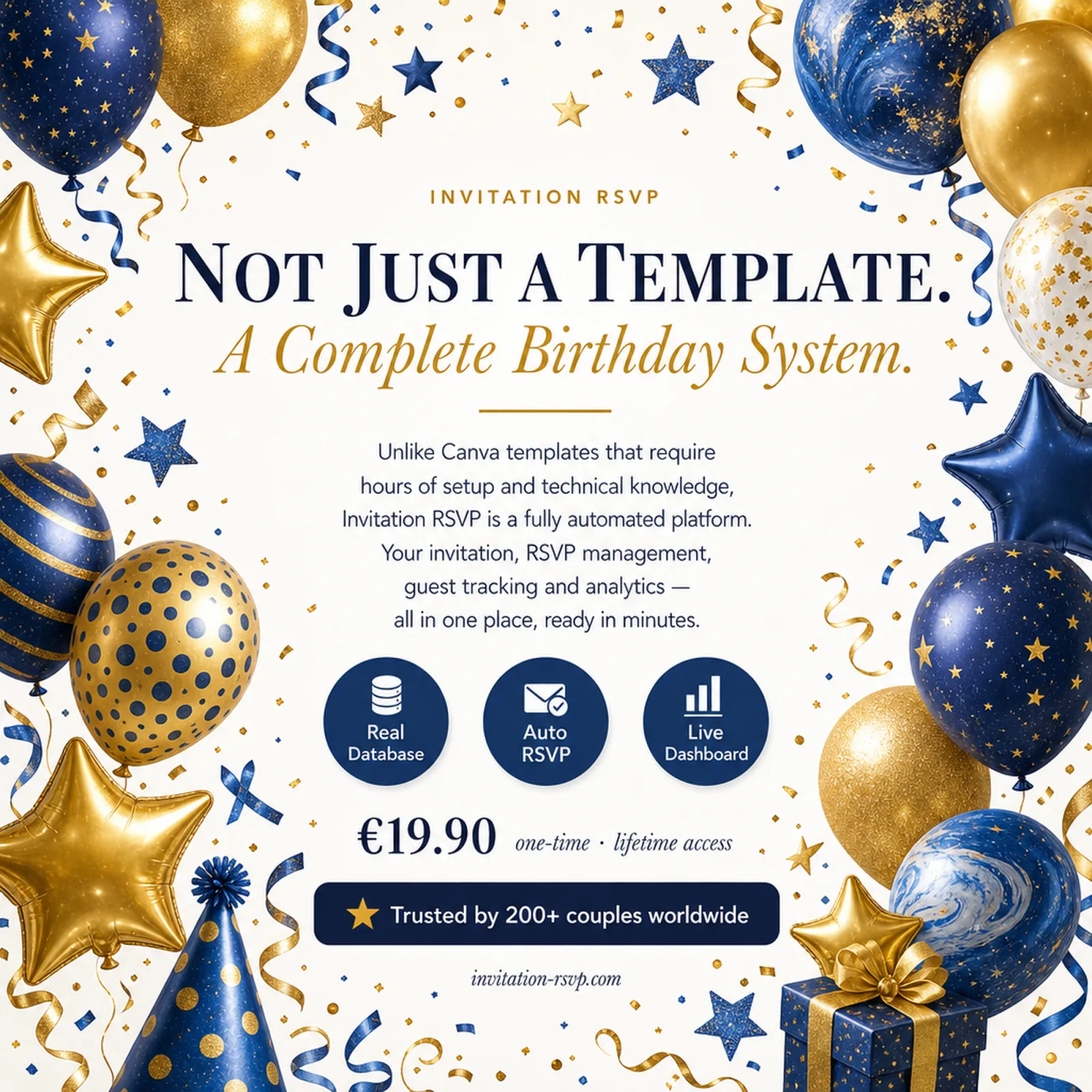 Cosmic Blue and Gold birthday invitation — not just a template but a complete birthday system with real database, auto RSVP and live dashboard — outer space birthday