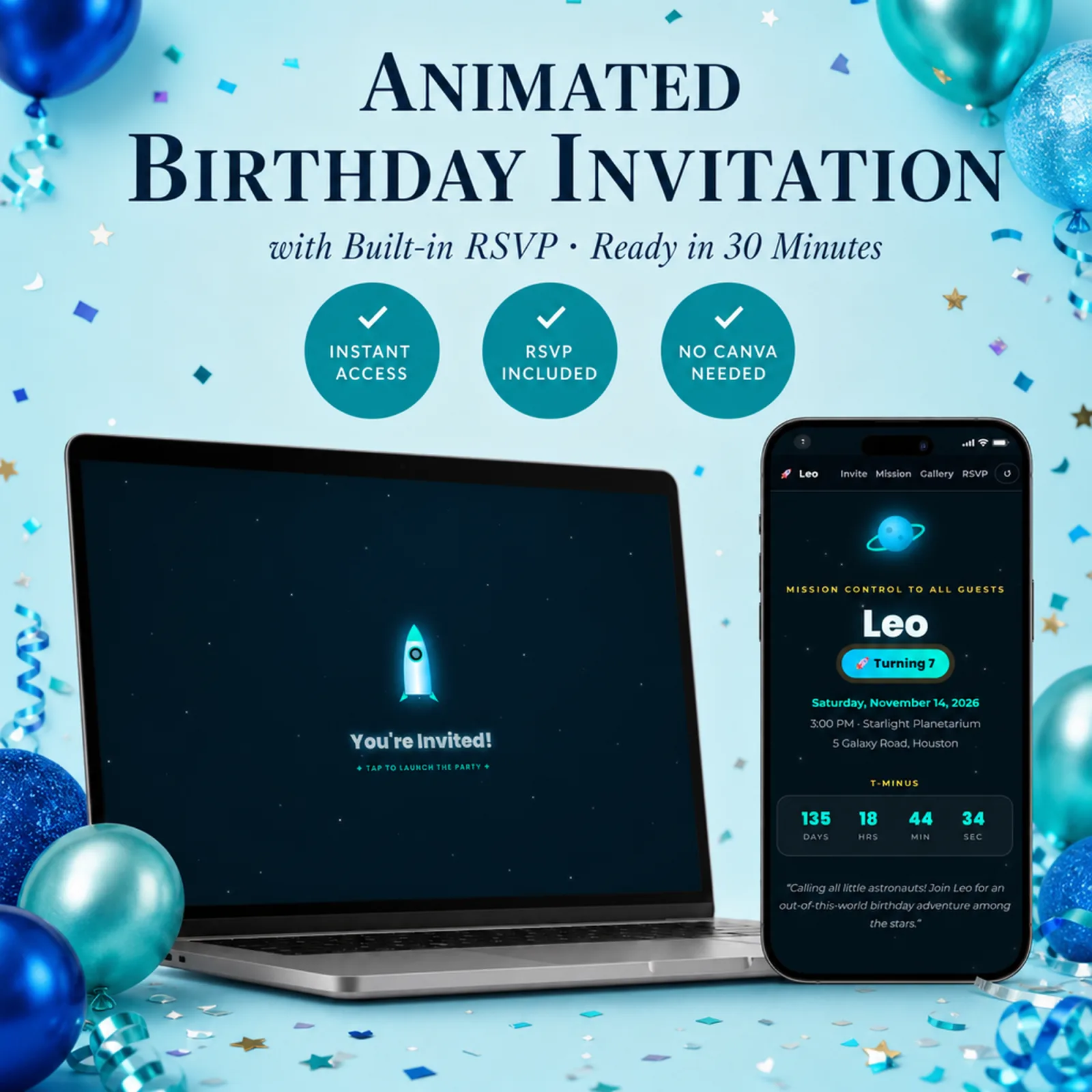 Galaxy Teal and Cyan birthday invitation shown on a laptop and phone with the animated envelope reveal and built-in RSVP — birthday rsvp card, outer space birthday, ready in minutes with no Canva