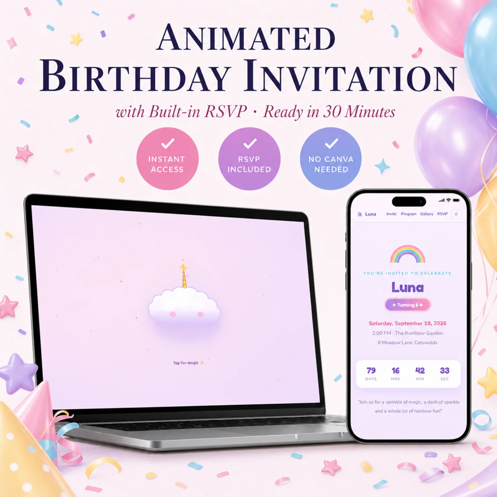 Pastel Rainbow birthday invitation shown on a laptop and phone with the animated envelope reveal and built-in RSVP — birthday rsvp card, unicorn party, ready in minutes with no Canva