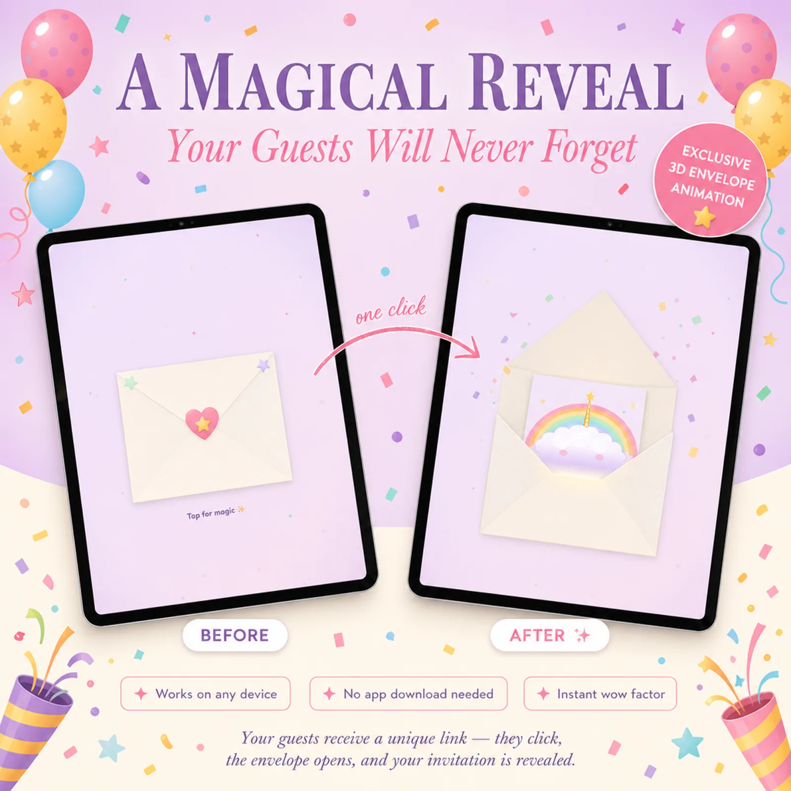 Two tablets showing the magical before-and-after animated envelope reveal of a Pastel Rainbow birthday evite — qr code rsvp