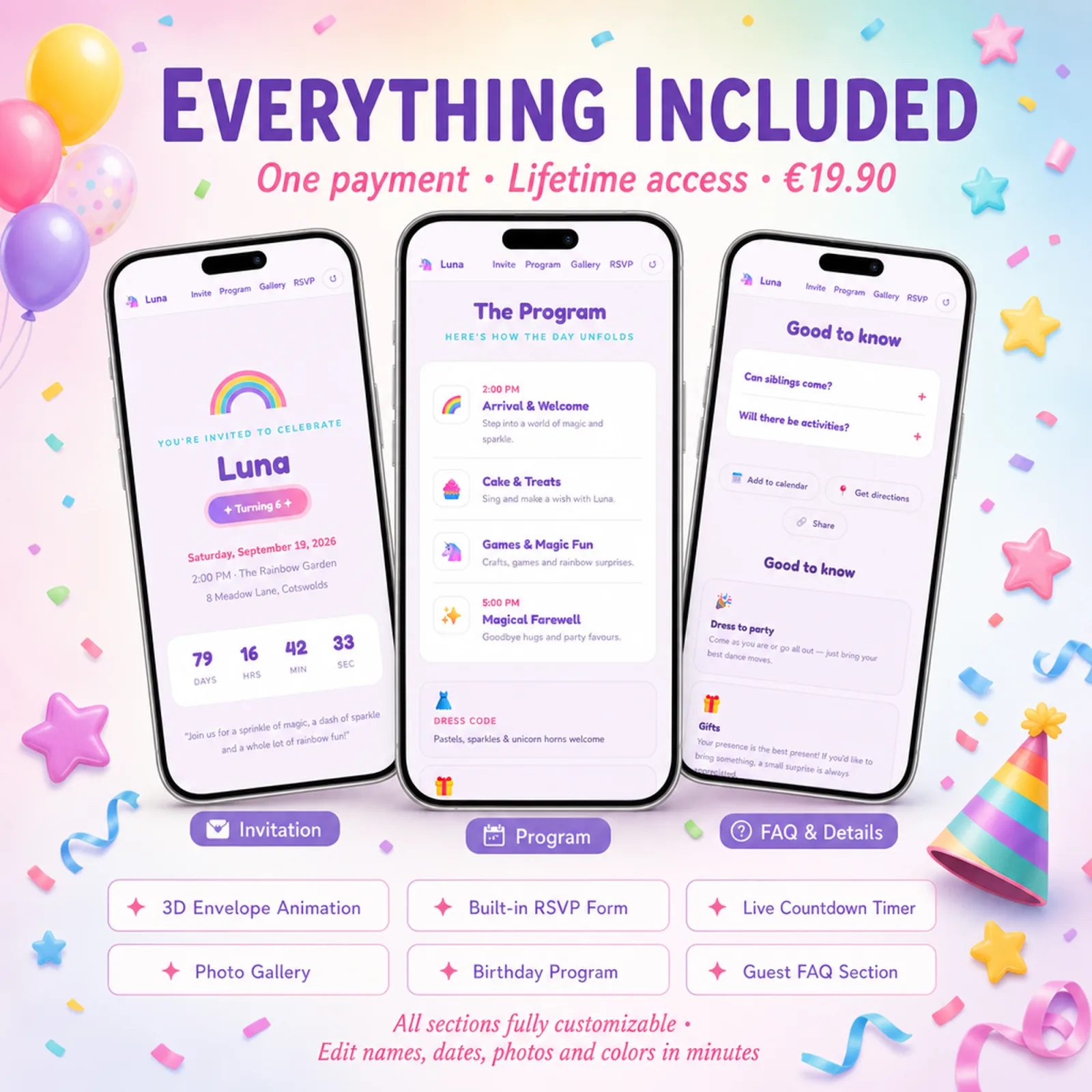 Three phones showing the invitation, program and FAQ pages of a Pastel Rainbow birthday website — qr code invite, with live countdown, photo gallery and RSVP