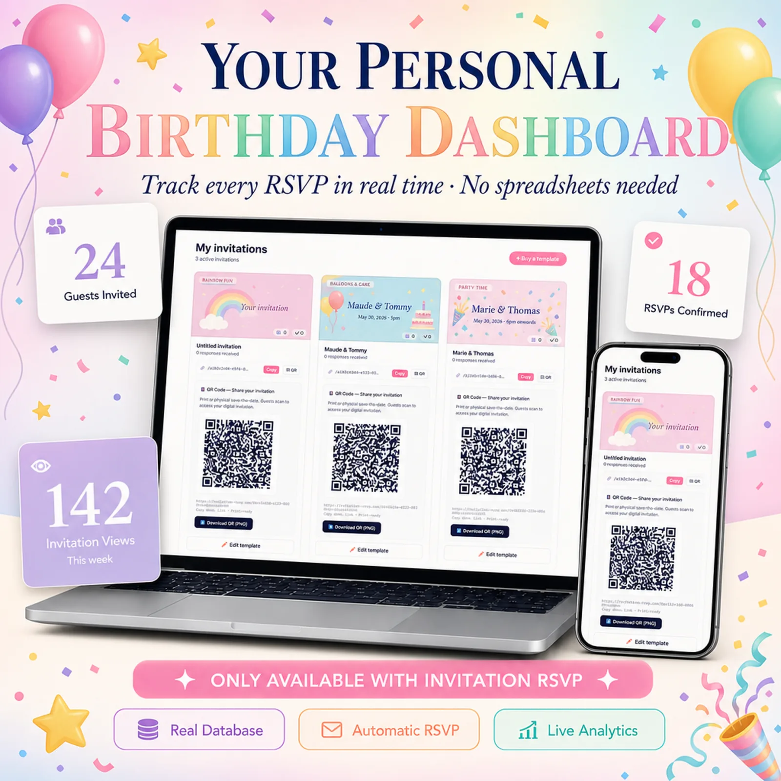 Real-time birthday guest dashboard on laptop and phone tracking every RSVP — birthday evite, with live counts, full guest list and CSV export