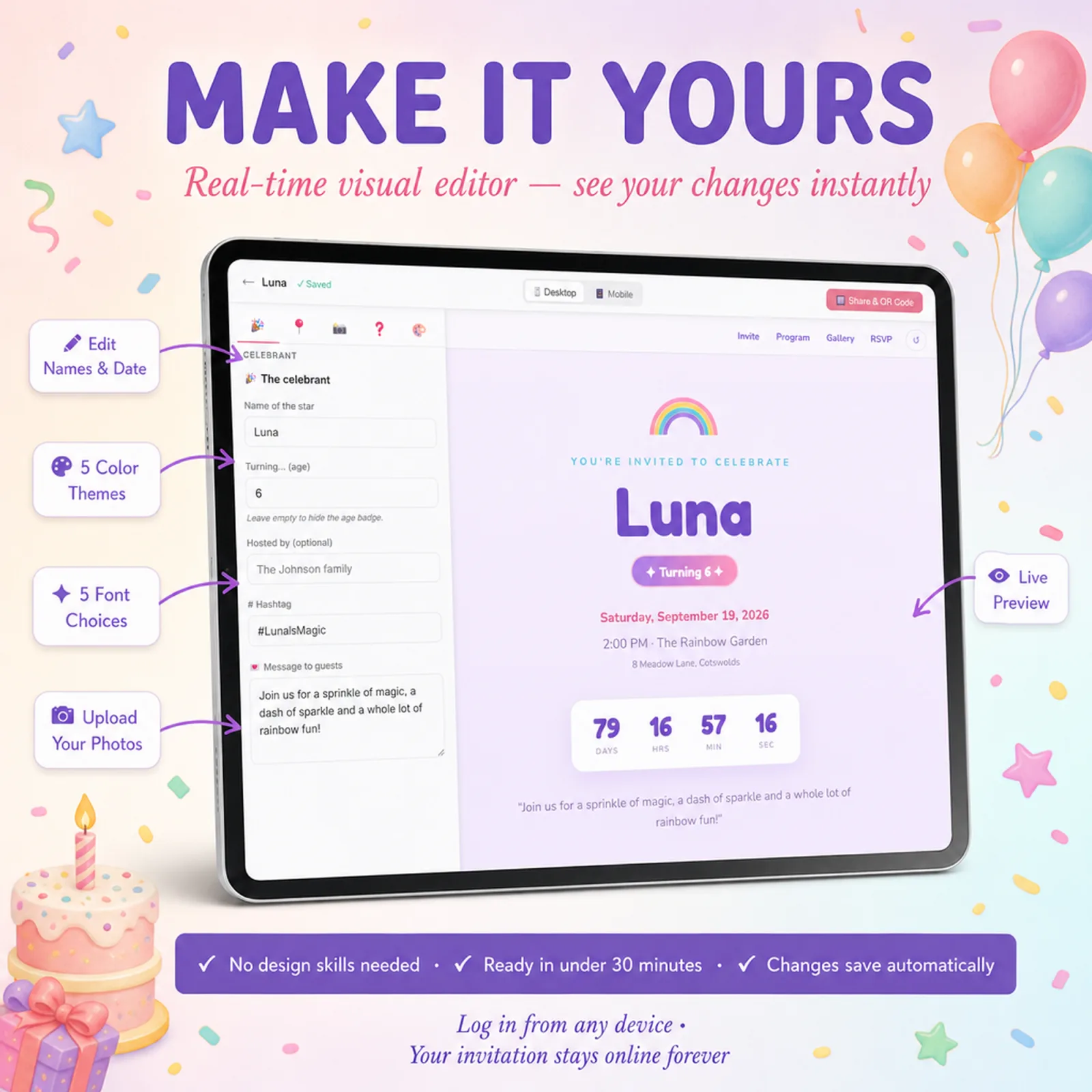 Visual editor on a tablet customizing a Pastel Rainbow birthday invitation — unicorn theme party, edit names, date, colors, fonts and photos with no design skills